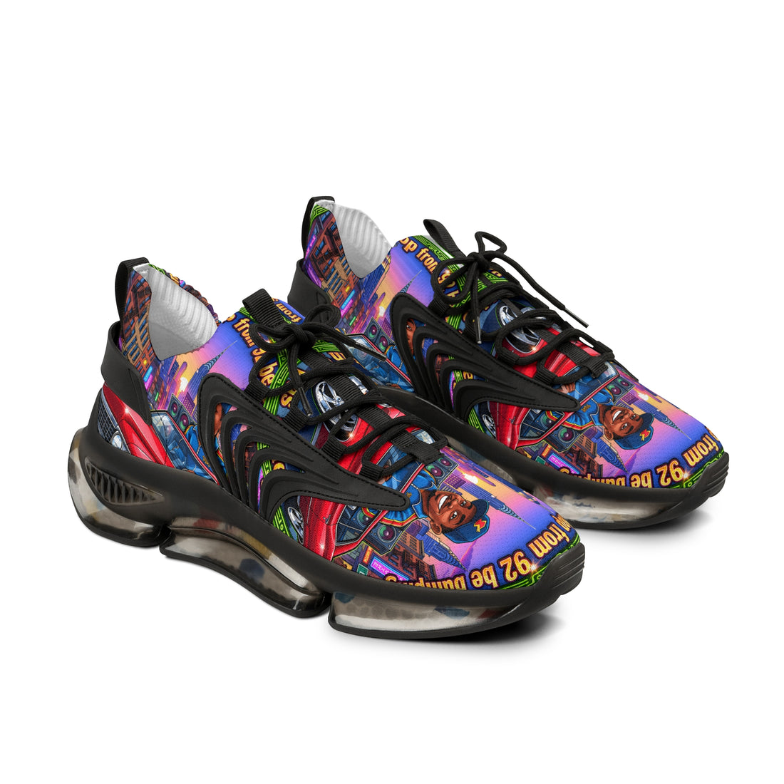 Custom Graphic Mesh Sneakers — "That Hip-hop From 92 Be Bumping" Colorful Cityscape Portrait Design