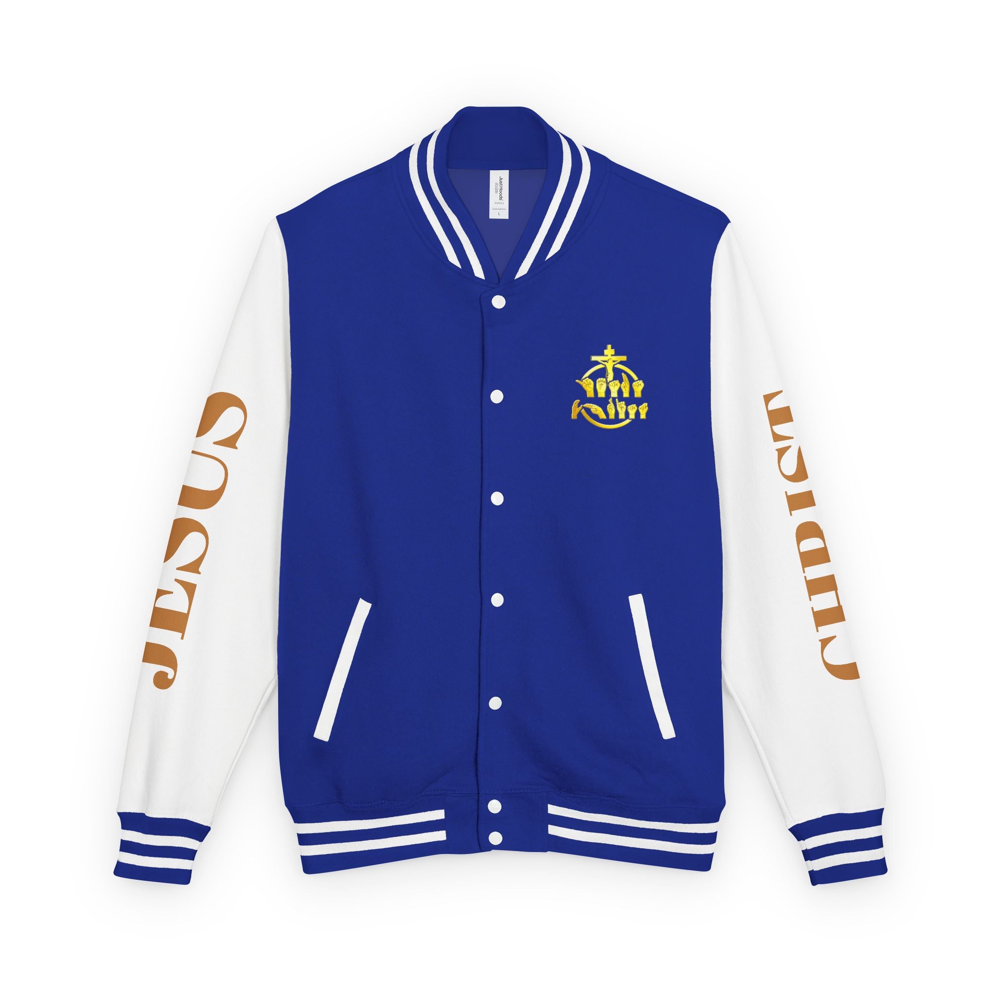 "Sign language Jesus Christ "     Christian Crown Letterman Jacket - 'Jesus Christ' Sleeve Varsity Jacket