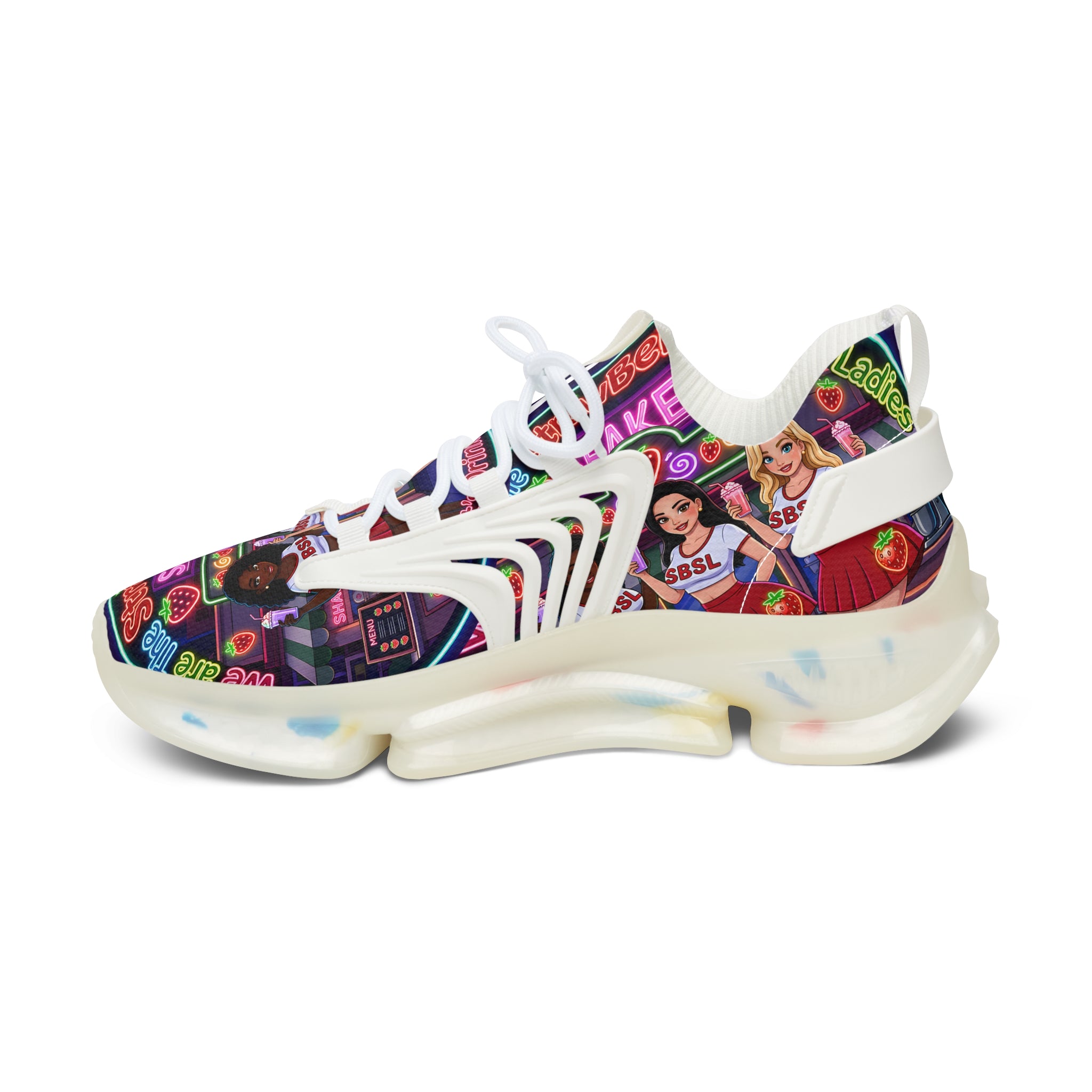 Women’s Mesh Sneakers  " Strawberry Shake "— Colorful Retro Dance Crew Graphic