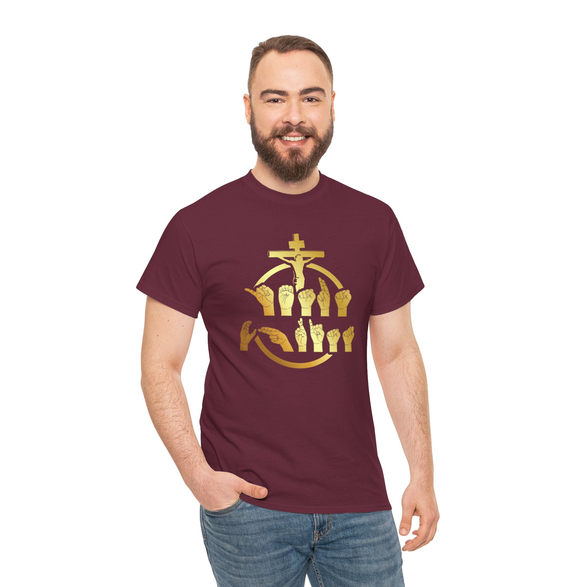 Christian Cross & Praying Hands T-Shirt — Gold Faith Design