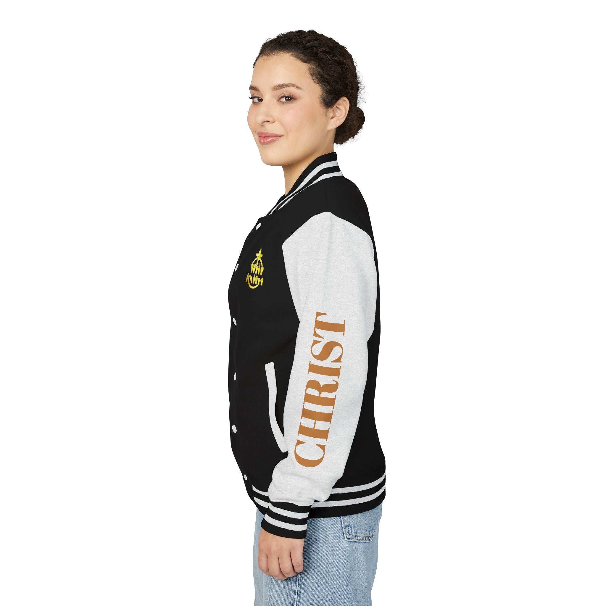 "Sign language Jesus Christ "     Christian Crown Letterman Jacket - 'Jesus Christ' Sleeve Varsity Jacket