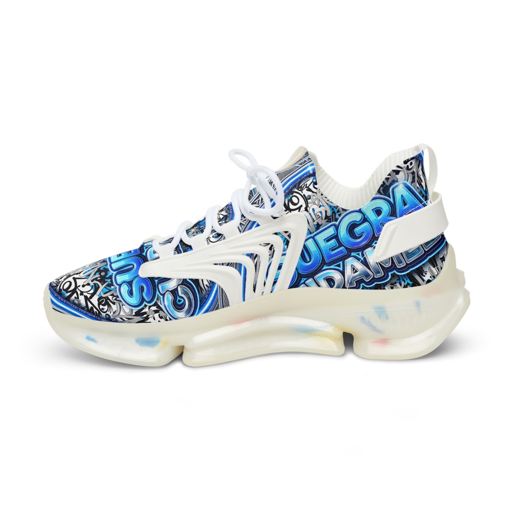 Mesh Sneakers — Blue 'SUEGRA CUIDAMELA' Graphic Athletic Shoes