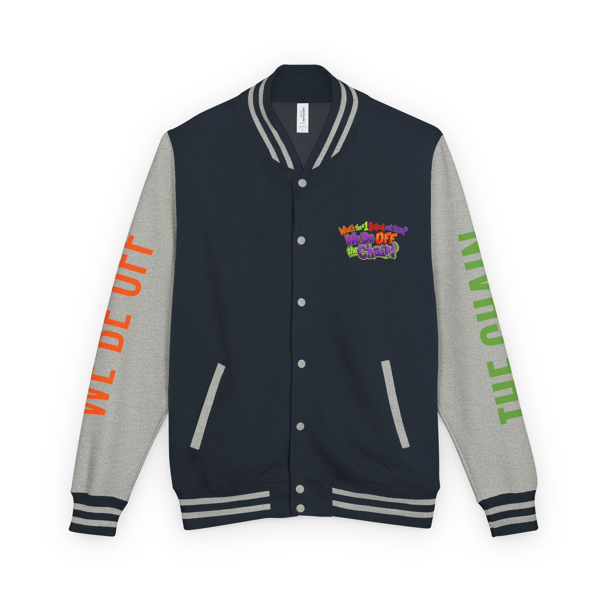 Retro Colorblock Letterman Jacket — 'We Be Off The Chain' Sleeve Print
