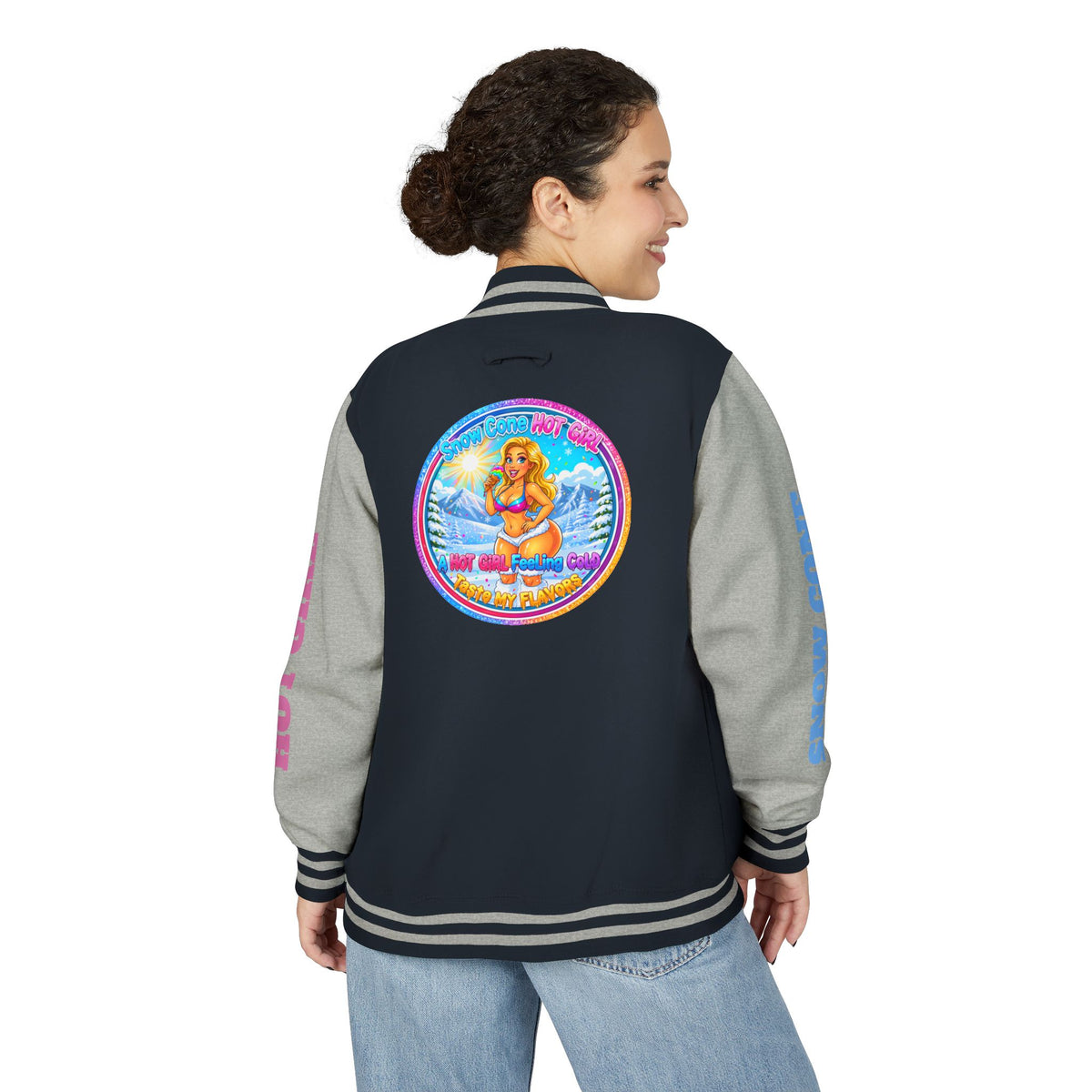 Angel Pinup Letterman Jacket — "Snowcone Hot Girl " Graphic Varsity Jacket