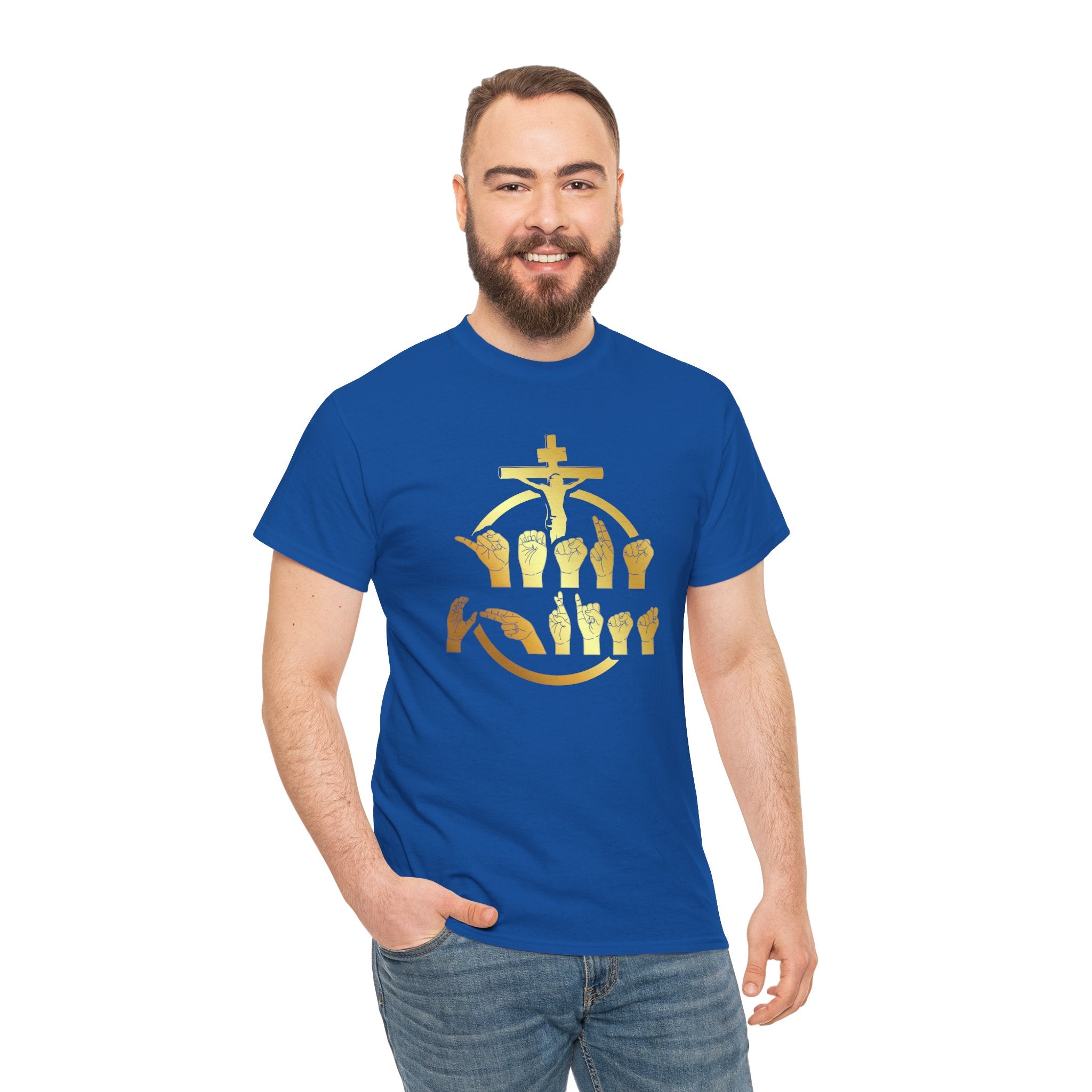Christian Cross & Praying Hands T-Shirt — Gold Faith Design