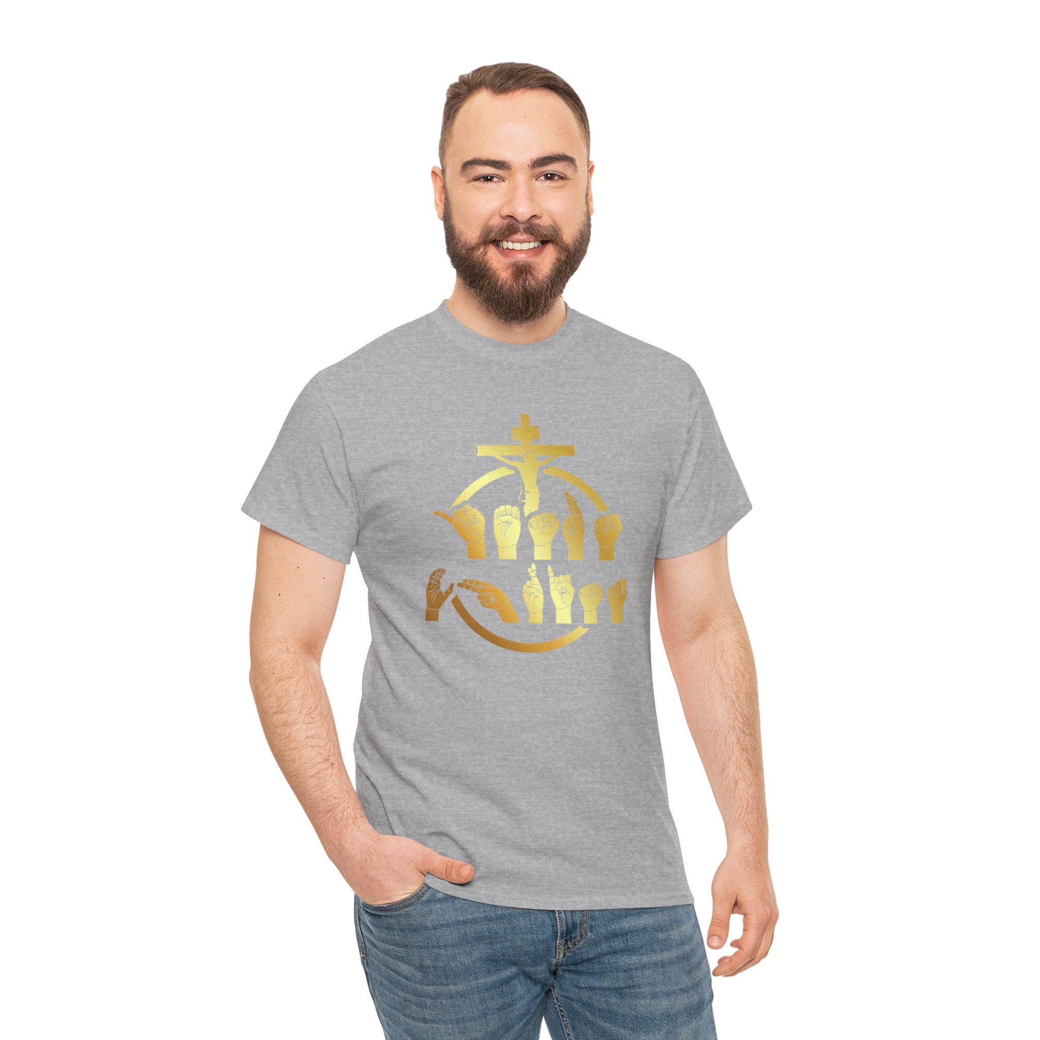 Christian Cross & Praying Hands T-Shirt — Gold Faith Design