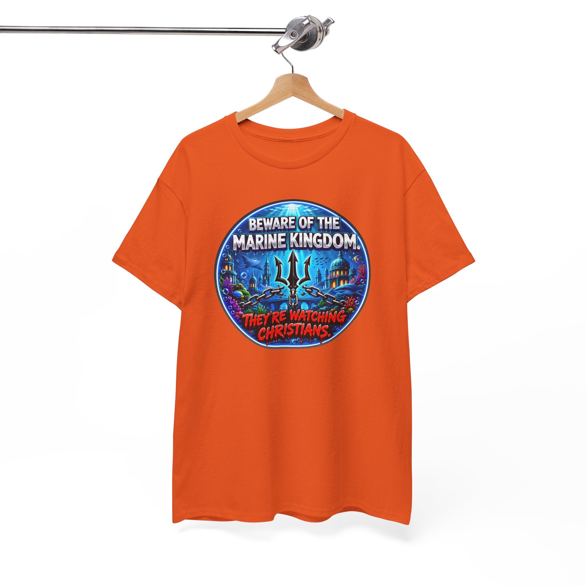 T‑Shirt — "Beware of the Marine Kingdom: They're Watching Christians" Vintage Ocean Graphic