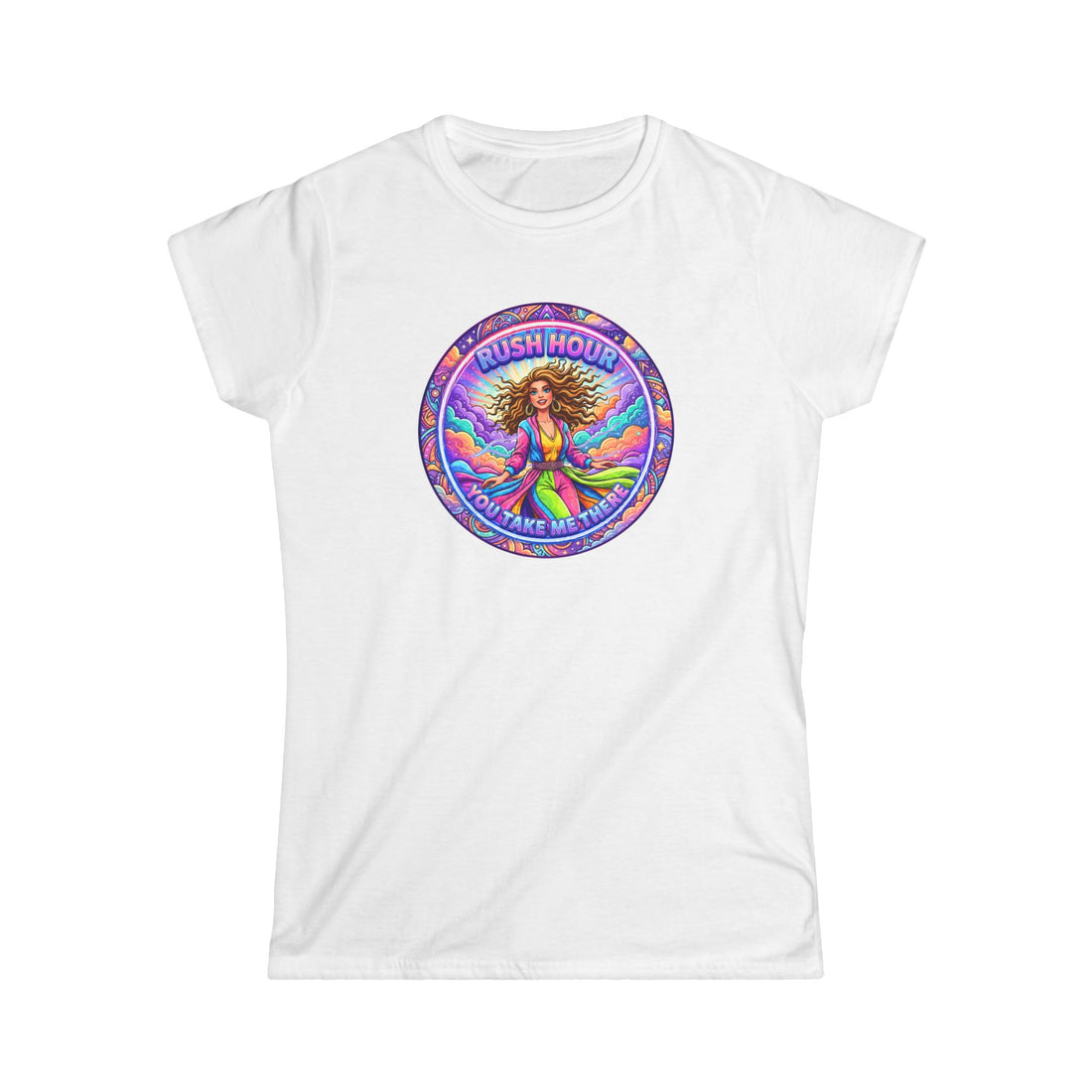 Women's Tee — “Rush Hour” Colorful Retro Hippie Graphic