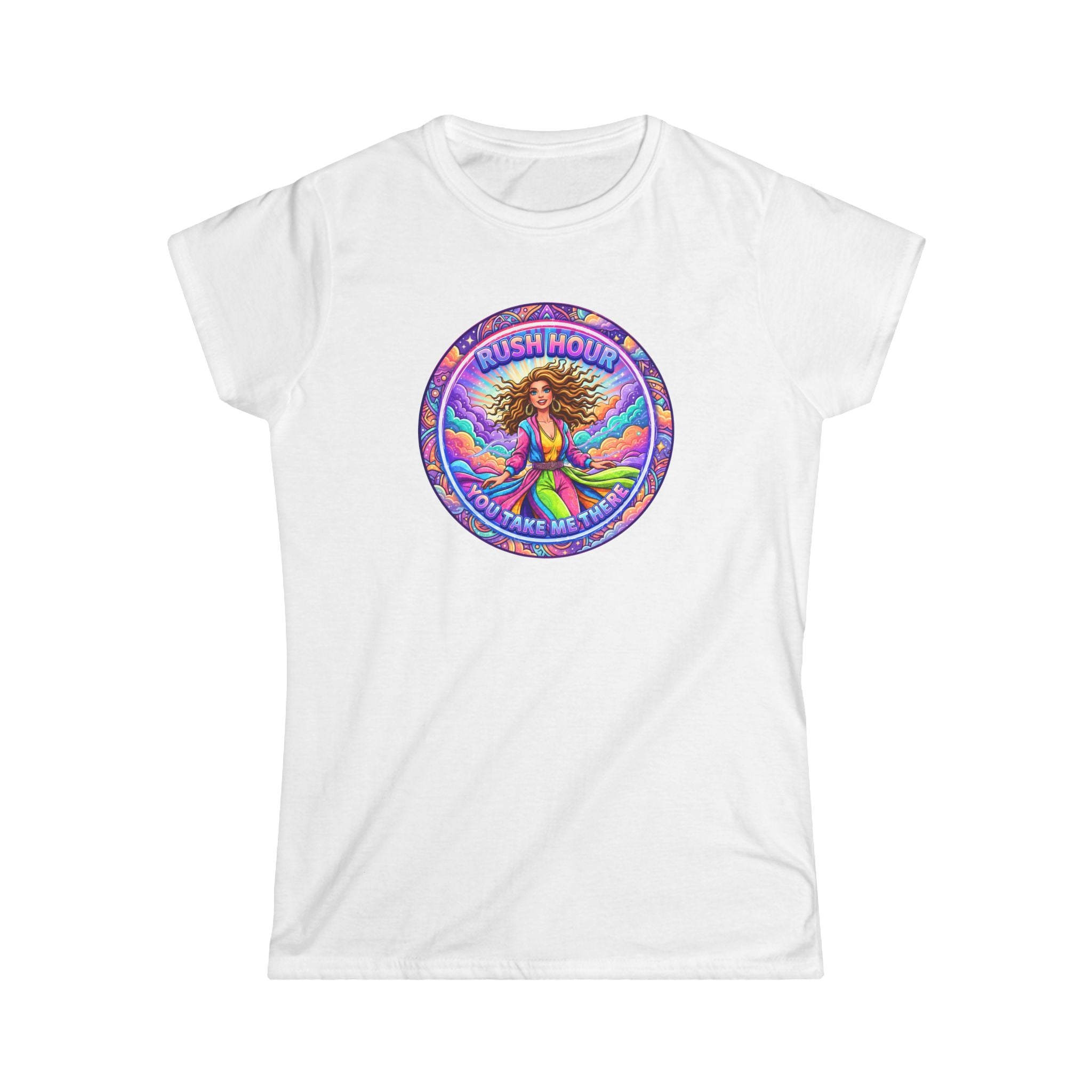 Women's Tee — “Rush Hour” Colorful Retro Hippie Graphic