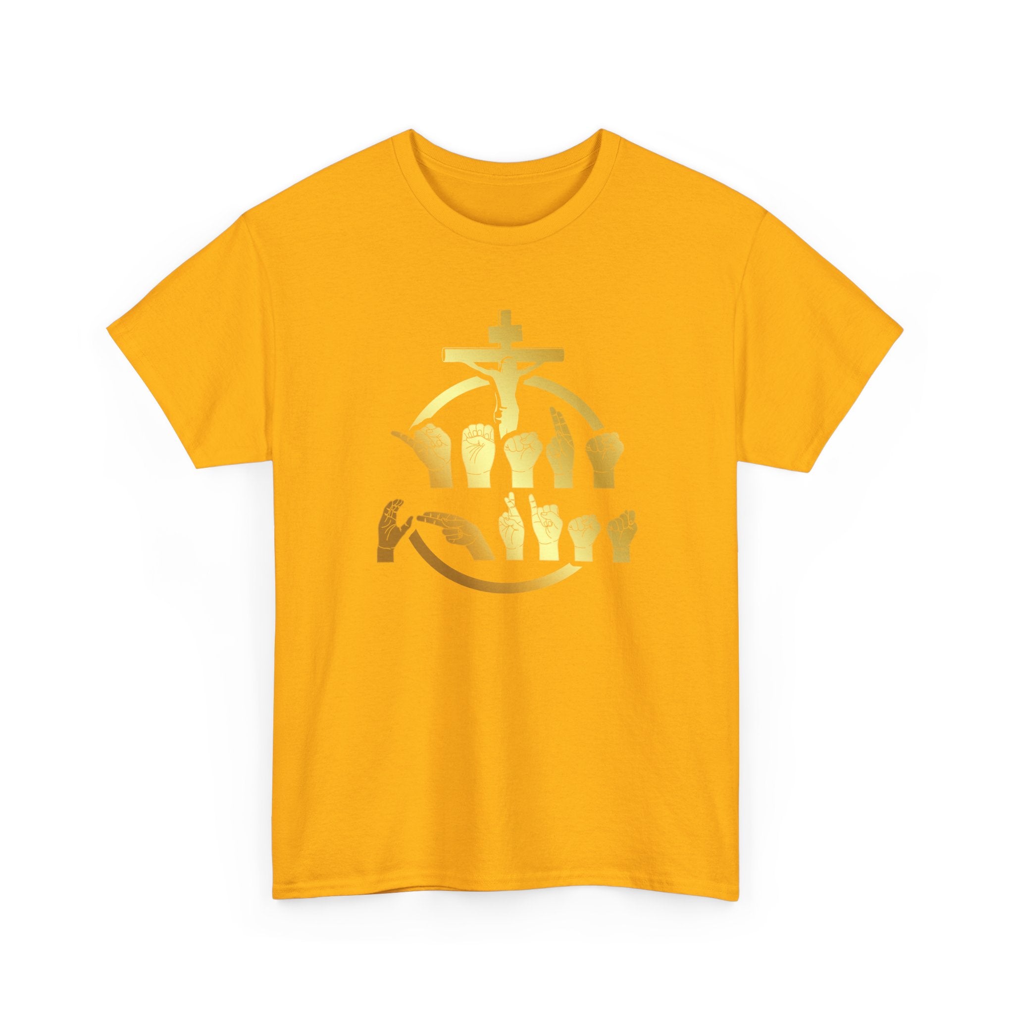 Christian Cross & Praying Hands T-Shirt — Gold Faith Design
