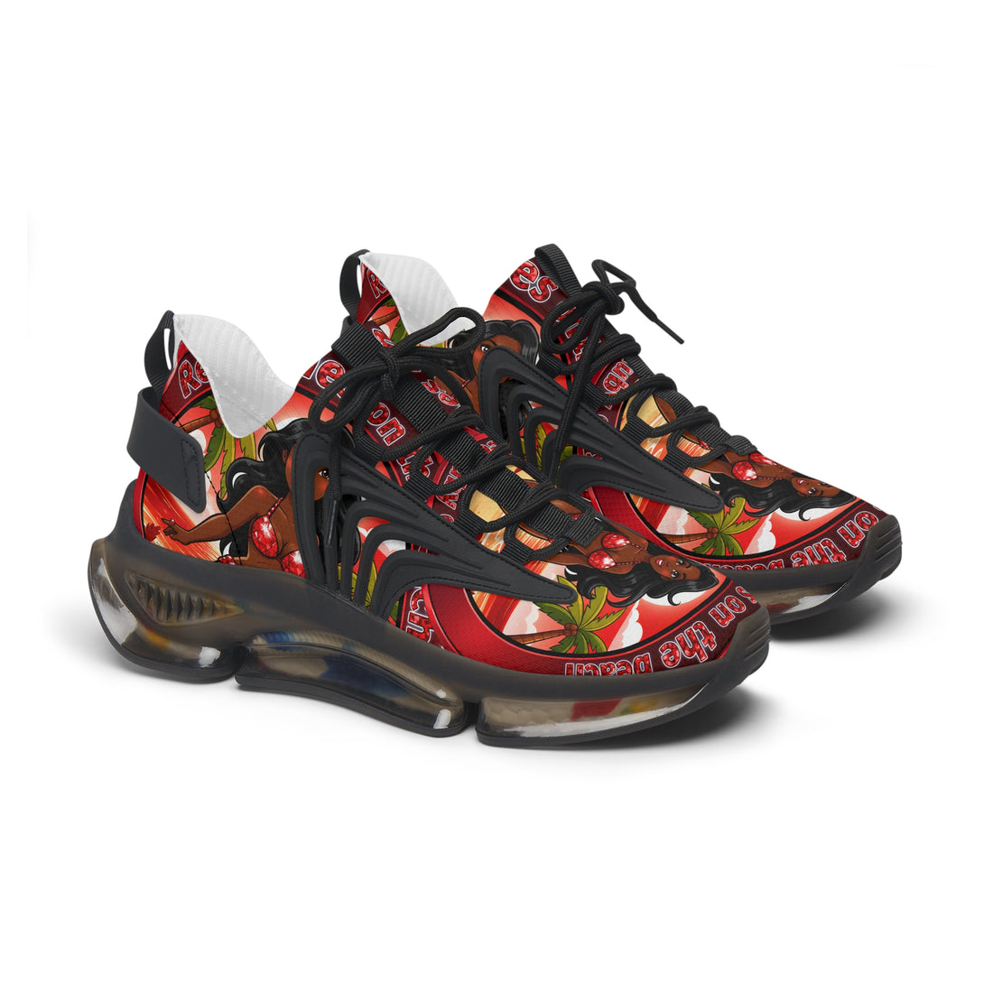 Women’s Mesh Sneakers —"Red Rubies On The Beach" Tropical Pinup Graphic Athletic Shoes