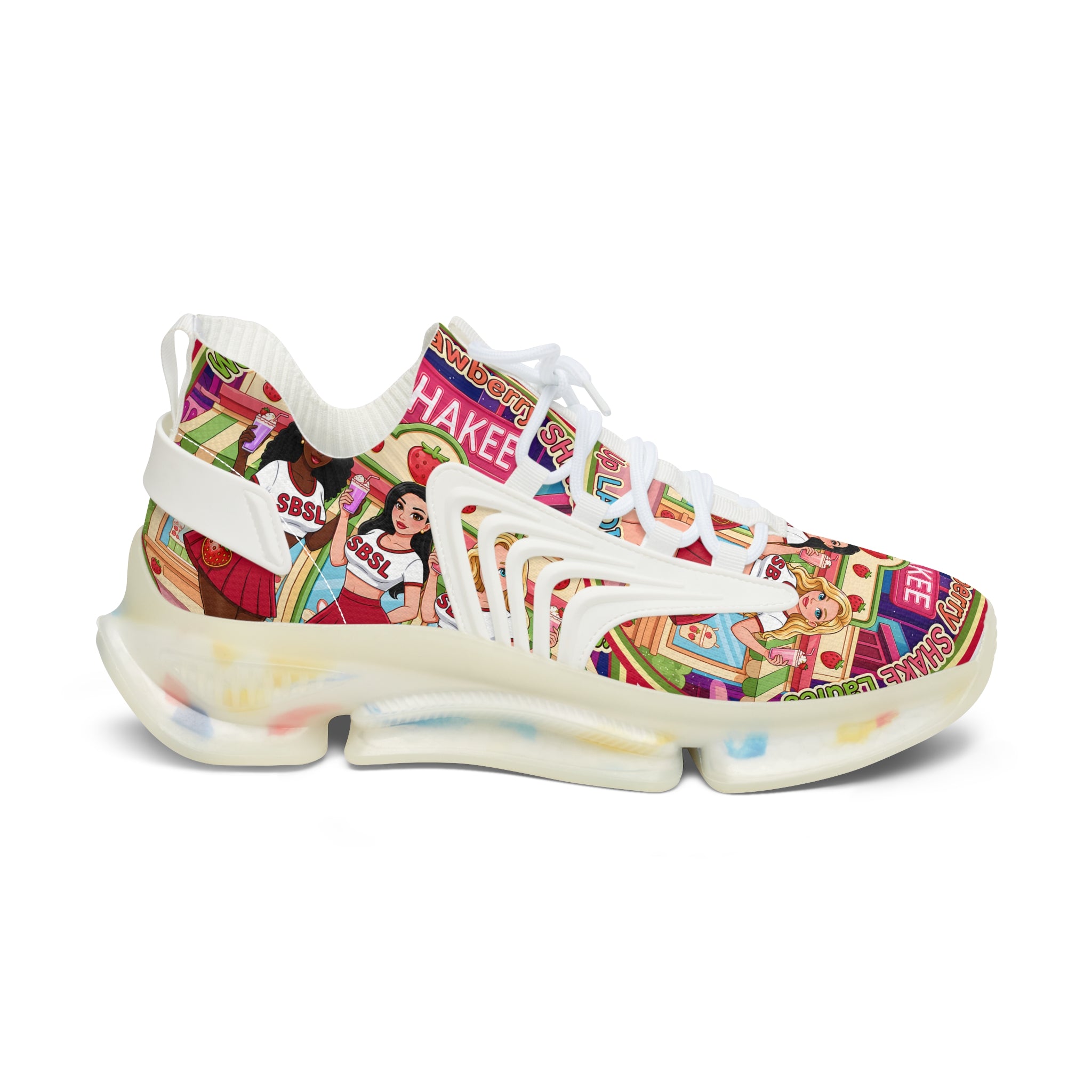 Women's Mesh Sneakers  "Strawberry Shake "— Colorful Retro Doll Print Athletic Shoes
