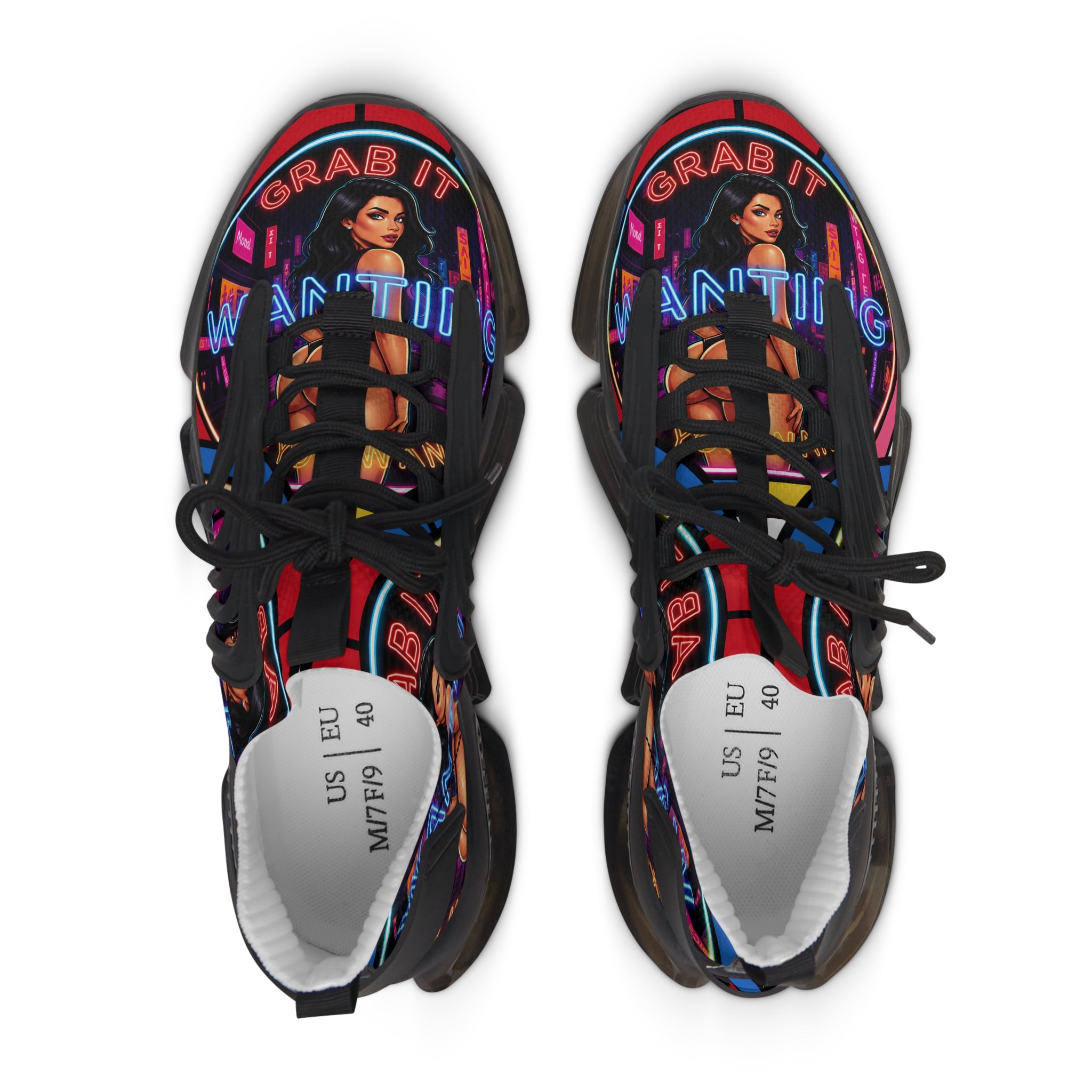 Women's Mesh Sneakers — Bold Neon Graphic Women’s Athletic Shoes :Grab It Wanting" Design