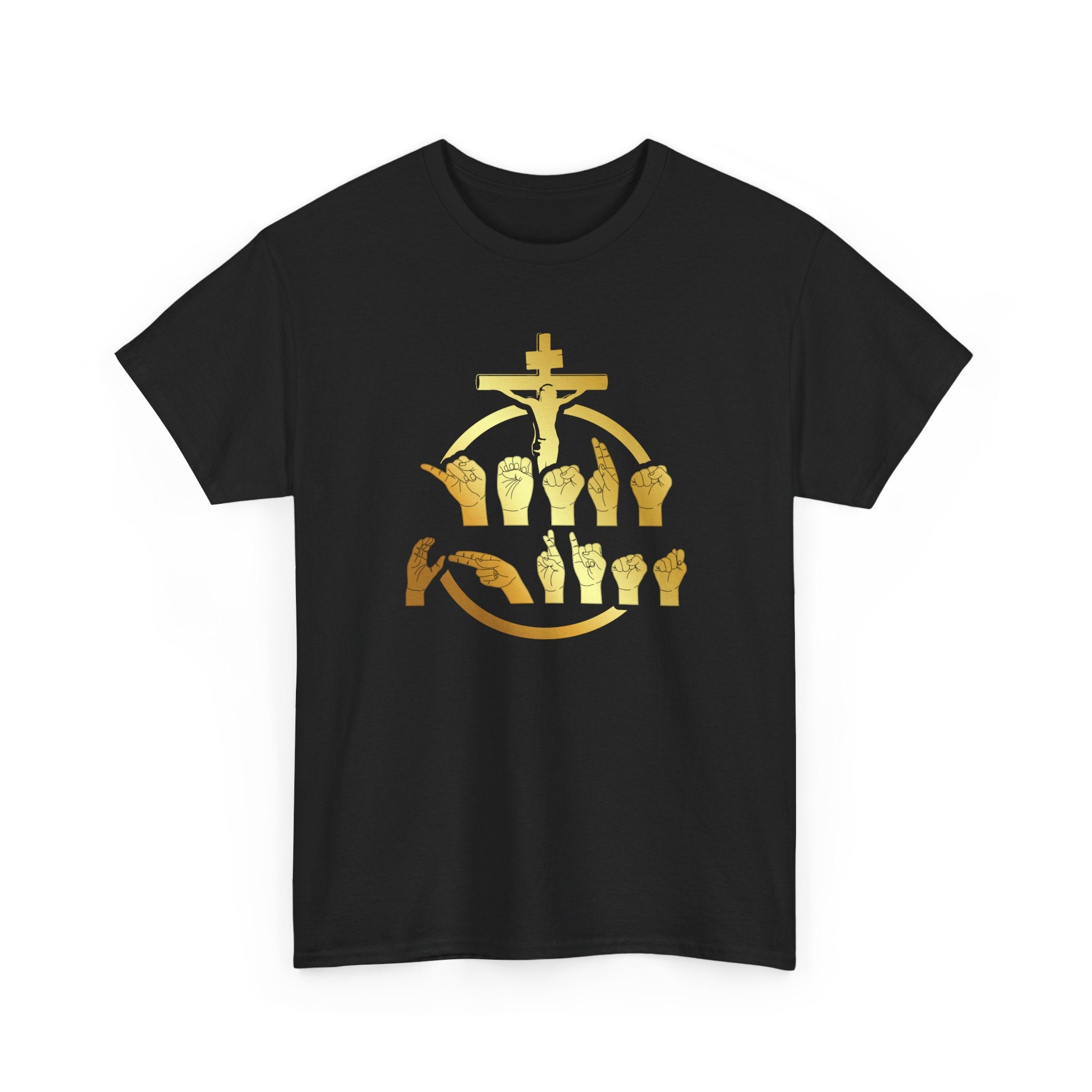 Christian Cross & Praying Hands T-Shirt — Gold Faith Design