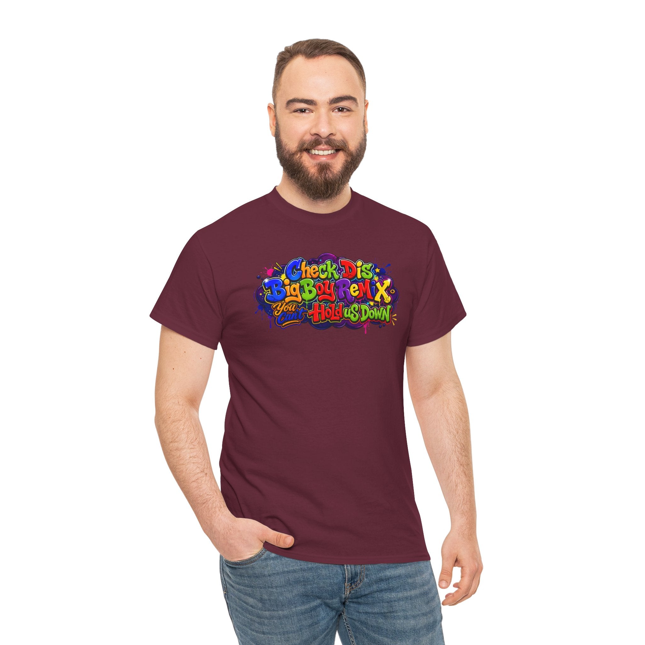 Graphic Tee — Colorful 'Check Dis Big Boy Remix' Retro Street Art T-Shirt