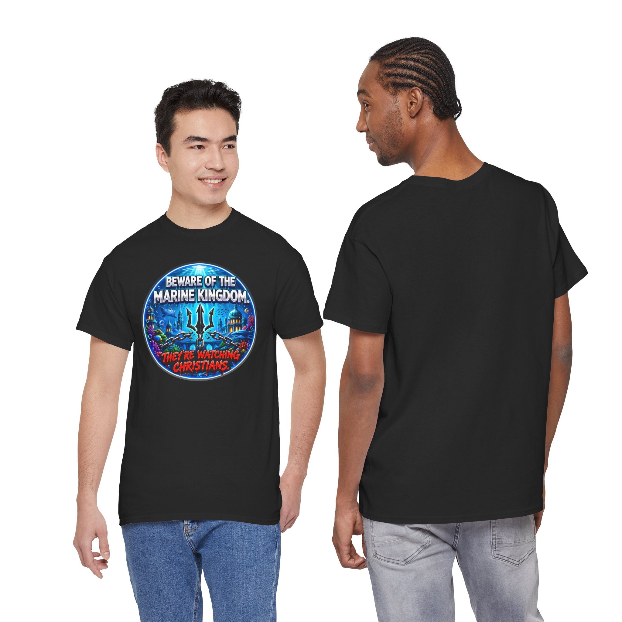 T‑Shirt — "Beware of the Marine Kingdom: They're Watching Christians" Vintage Ocean Graphic