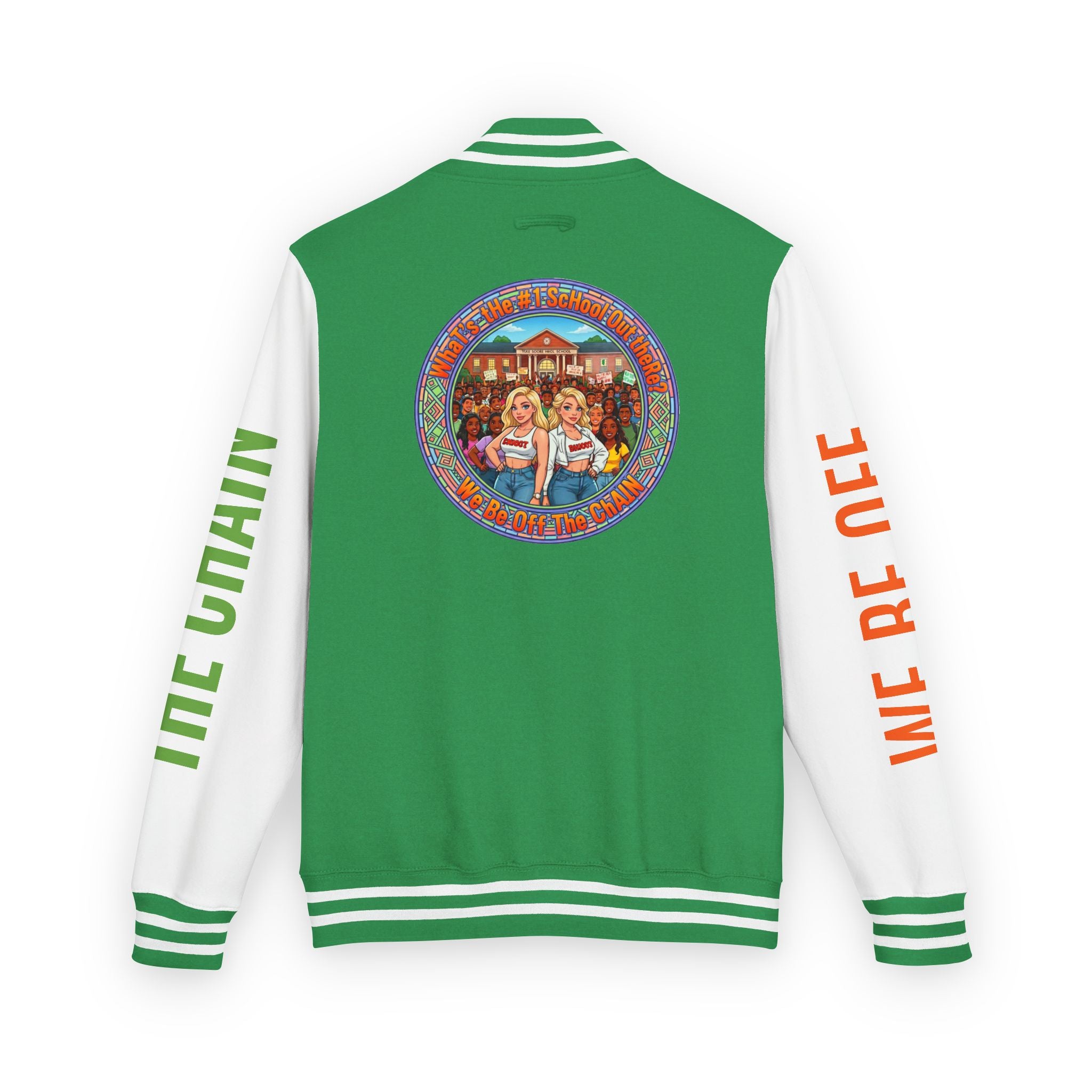 Retro Colorblock Letterman Jacket — 'We Be Off The Chain' Sleeve Print