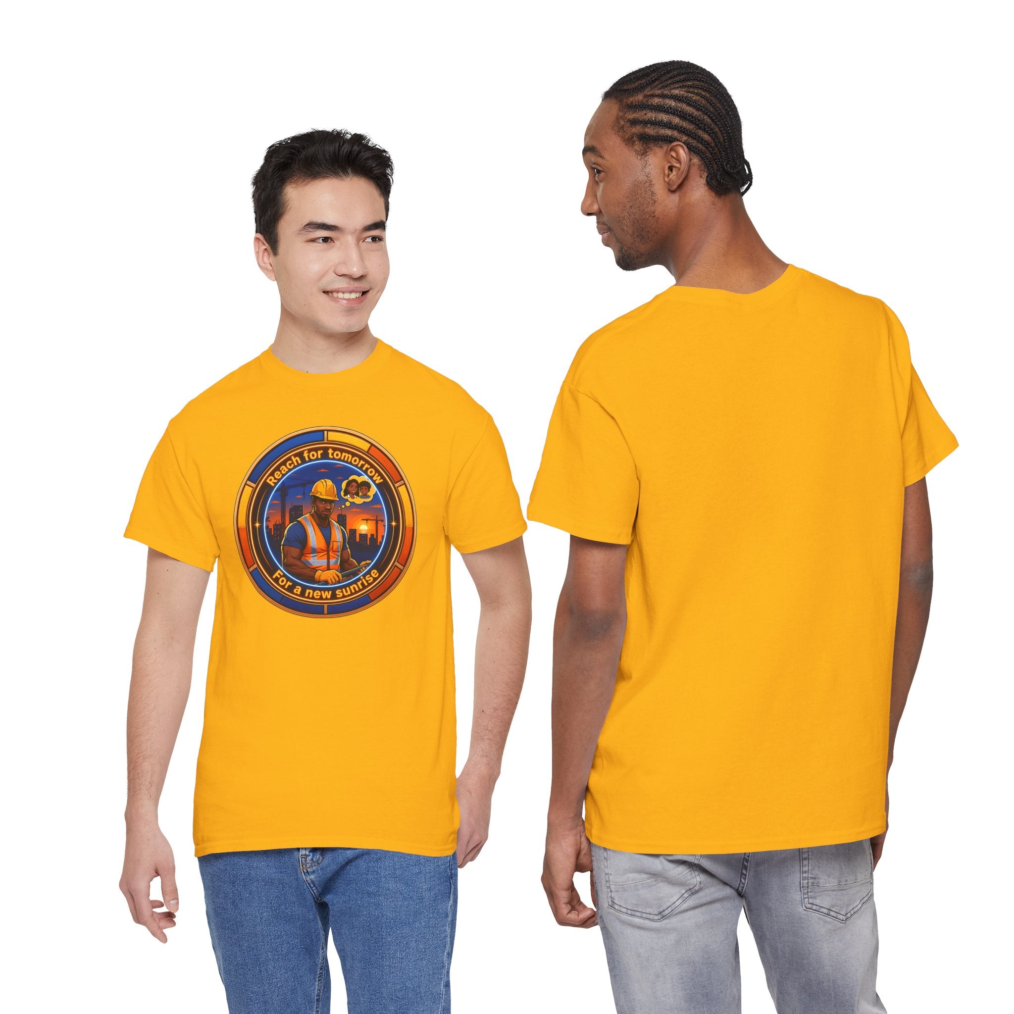 Construction Worker Sunset Tee — “Reach for Tomorrow ” Safety Crew T-Shirt