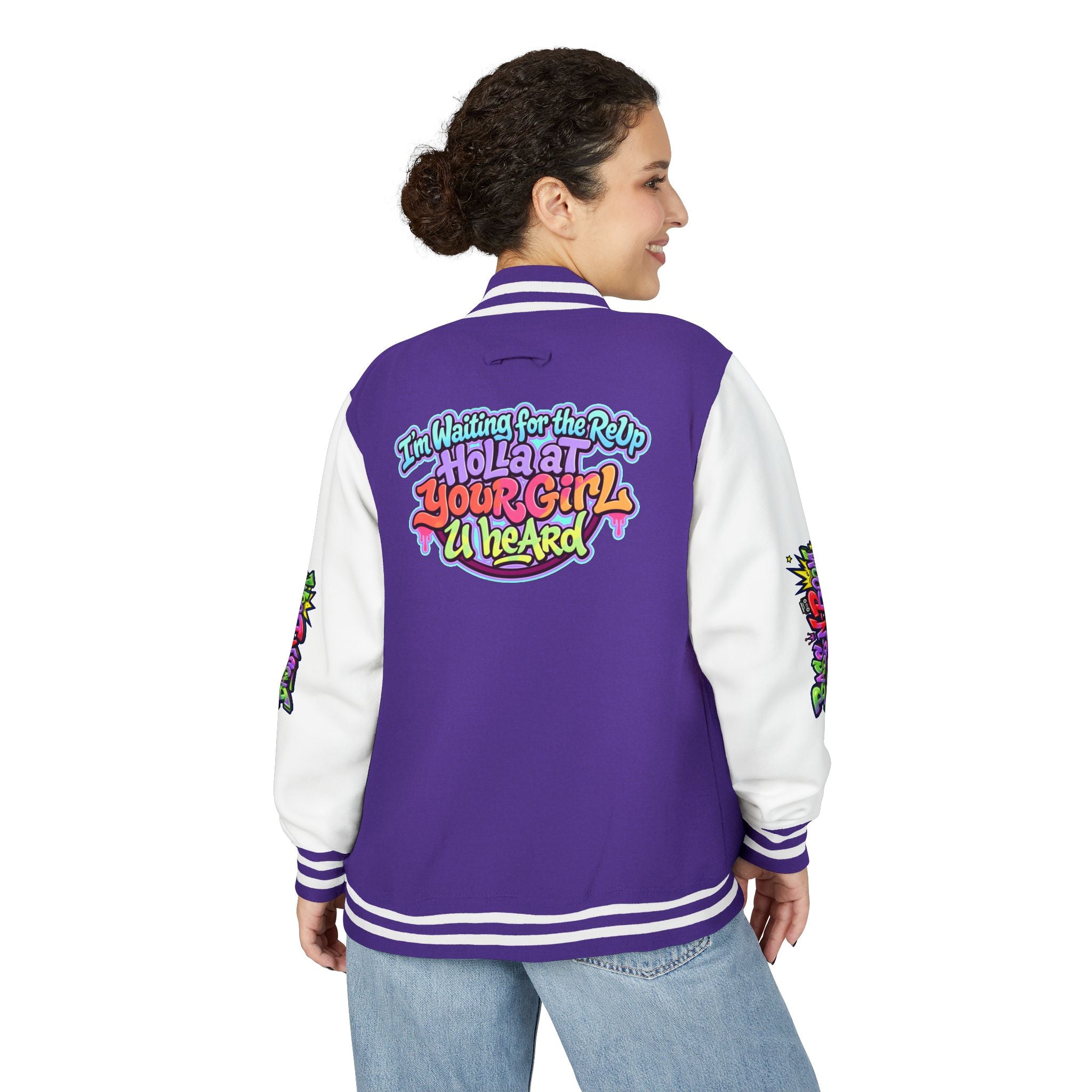 Letterman Jacket — "I'm Waiting For The Reup" Colorful Retro Hip‑Hop Varsity