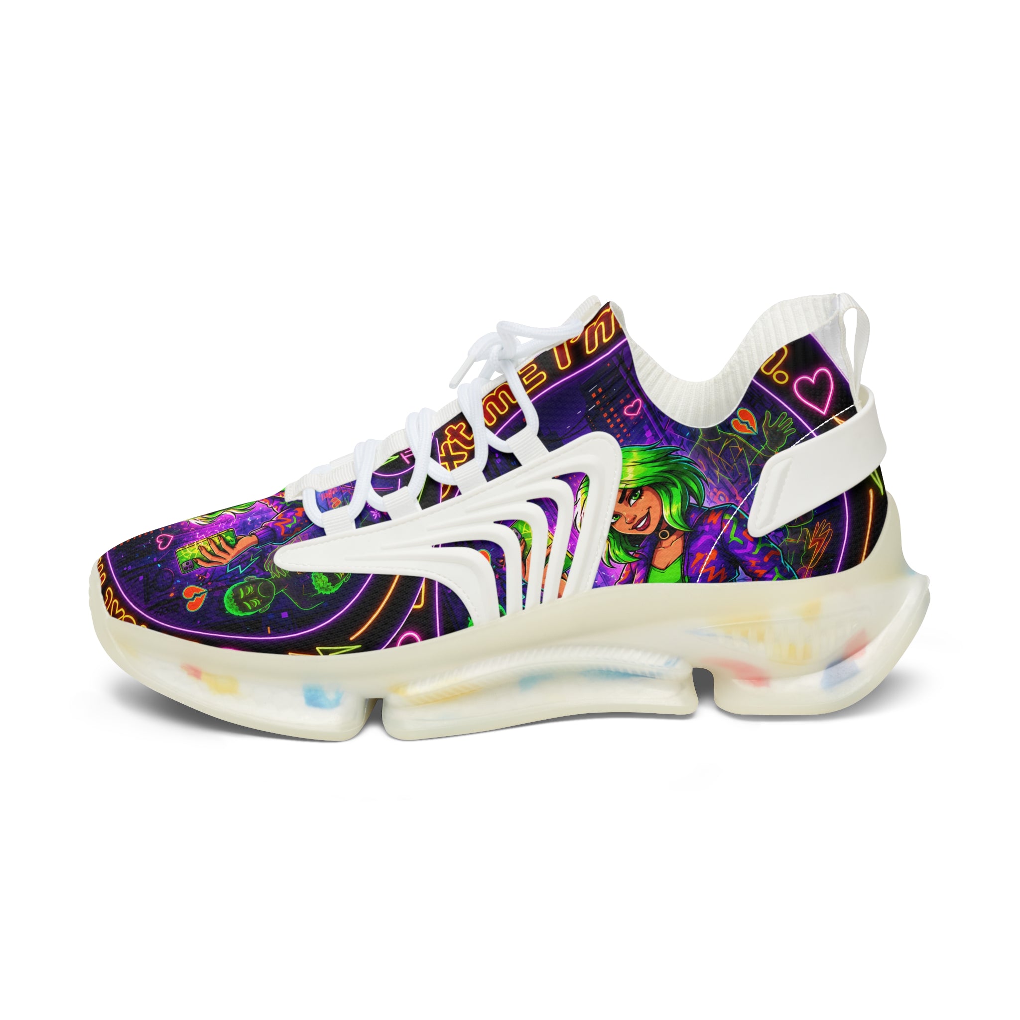 Mesh Sneakers — Neon Green Witch Graphic Athletic Shoes