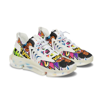 Women's Mesh Sneakers — Colorful Pop Art 'Can You Cheer?' Graphic Athletic Shoes