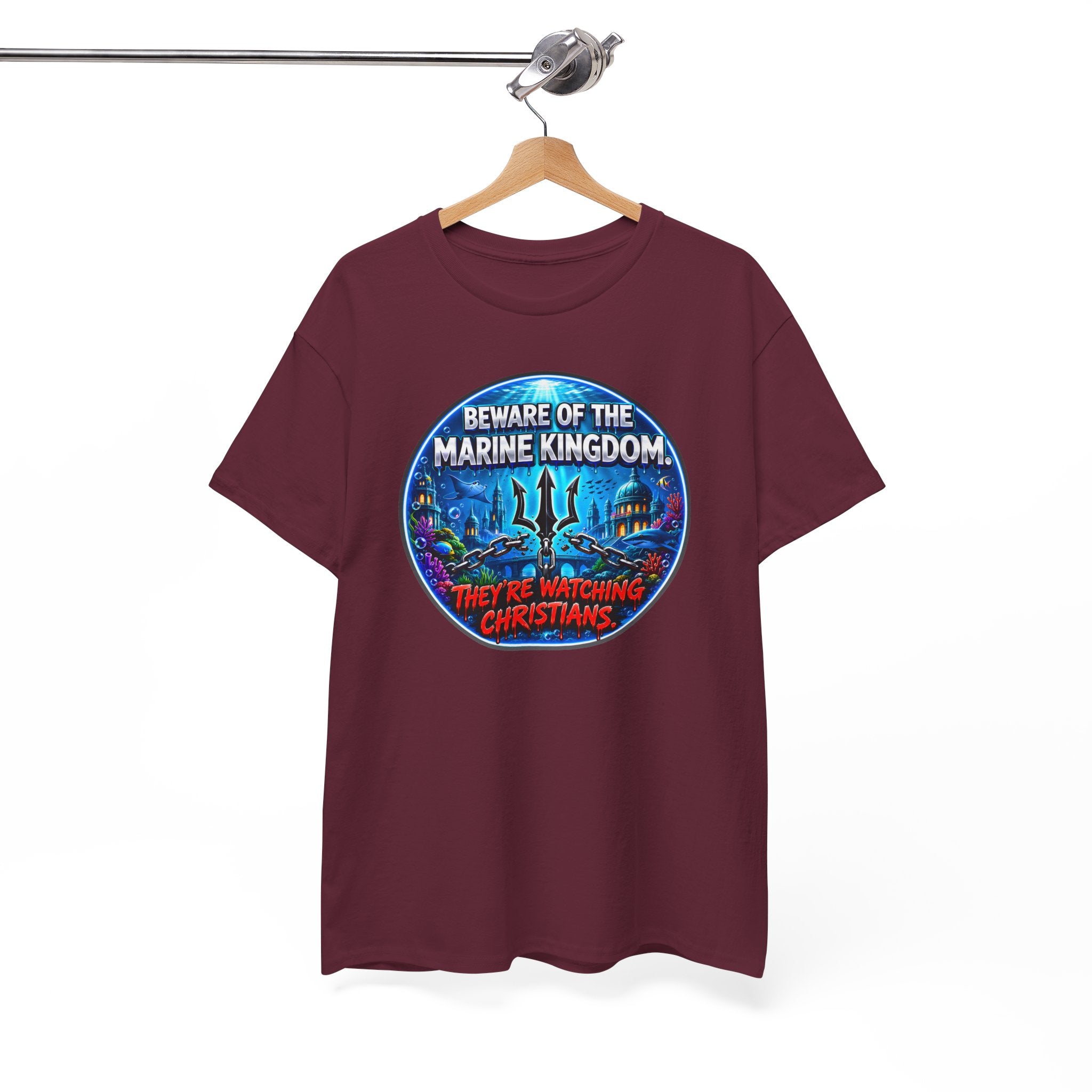 T‑Shirt — "Beware of the Marine Kingdom: They're Watching Christians" Vintage Ocean Graphic