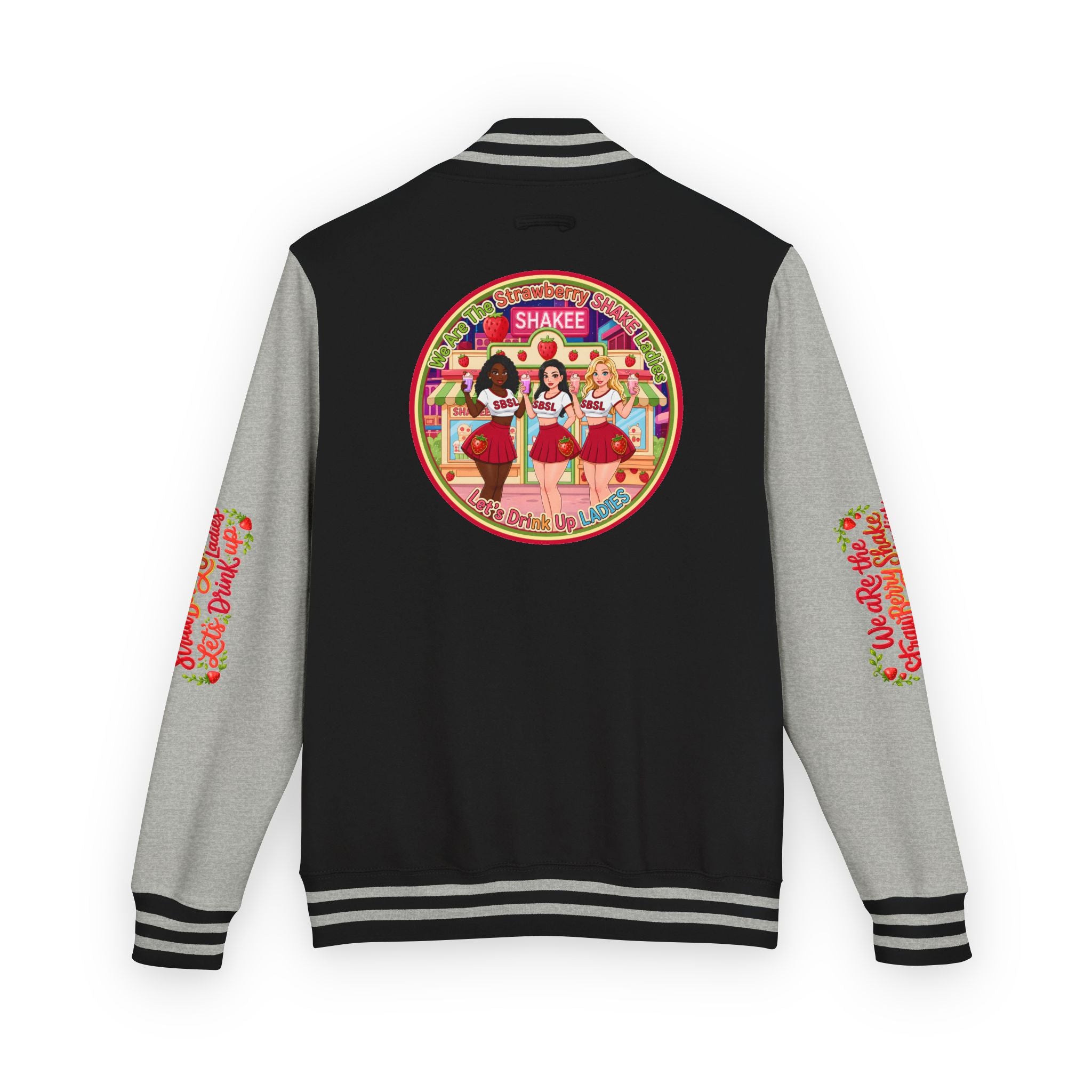 Letterman Jacket — " We Are The Strawberry Shake Ladies " Retro 'Shakee' Strawberry Girls Varsity Jacket