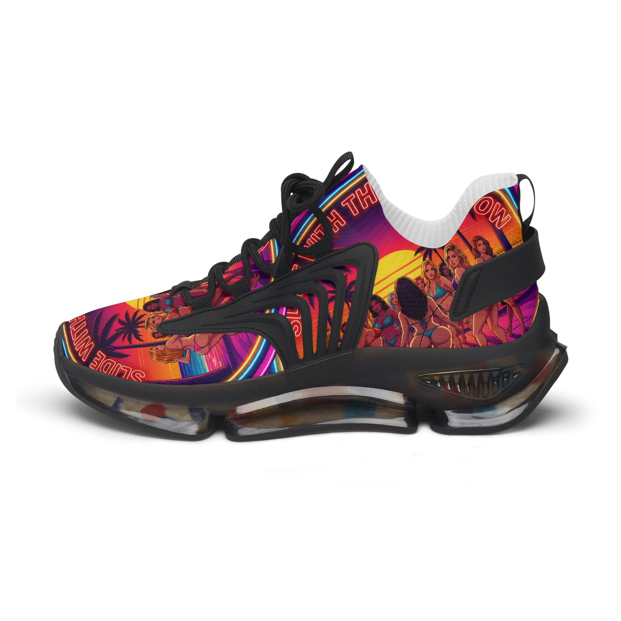 Women's Mesh Sneakers —"Slide With The Beat Now "Vibrant Retro Sunset Graphic Trainers