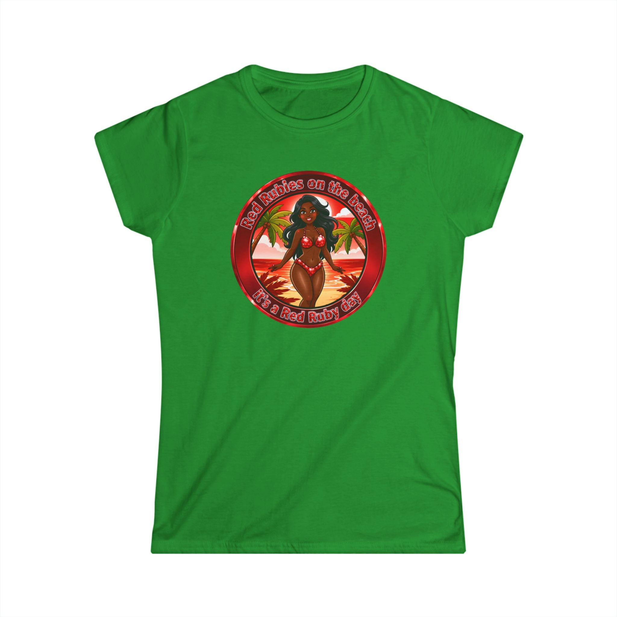 Tropical Pinup Tee — "Red Rubies On The Beach" Vintage Bikini Graphic