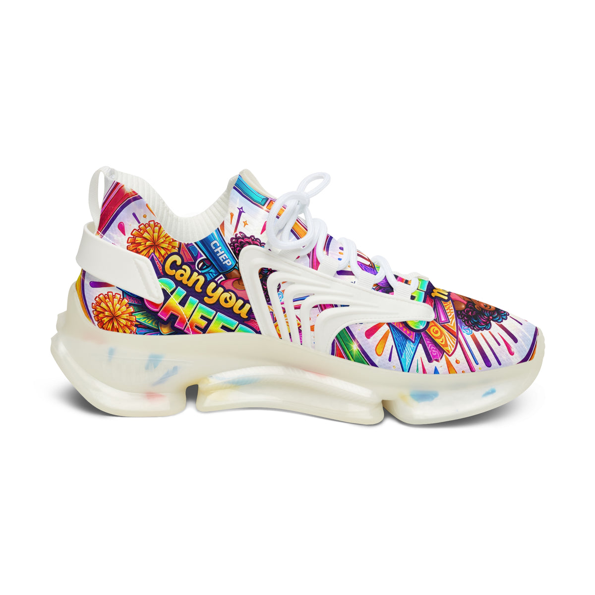 Women's Cheerleader Graphic Mesh Sneakers — "Can You Cheer?" Colorful Athletic Shoes