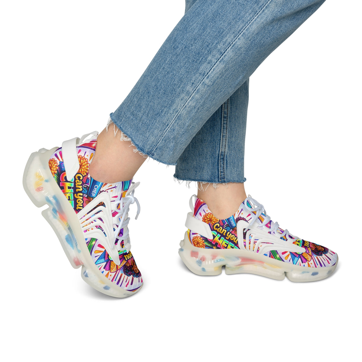 Women's Cheerleader Graphic Mesh Sneakers — "Can You Cheer?" Colorful Athletic Shoes