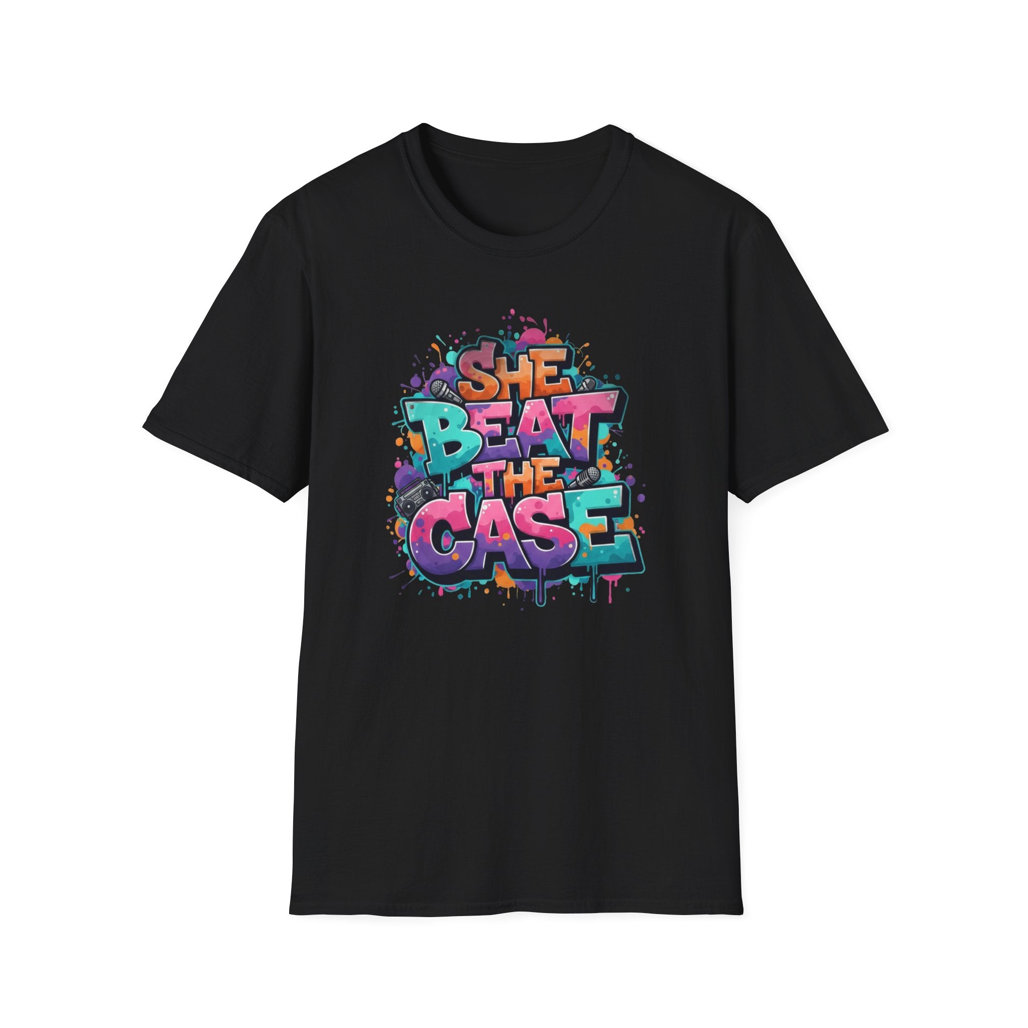 She Beat the Case Graphic T-Shirt — Colorful Graffiti Survivor Tee