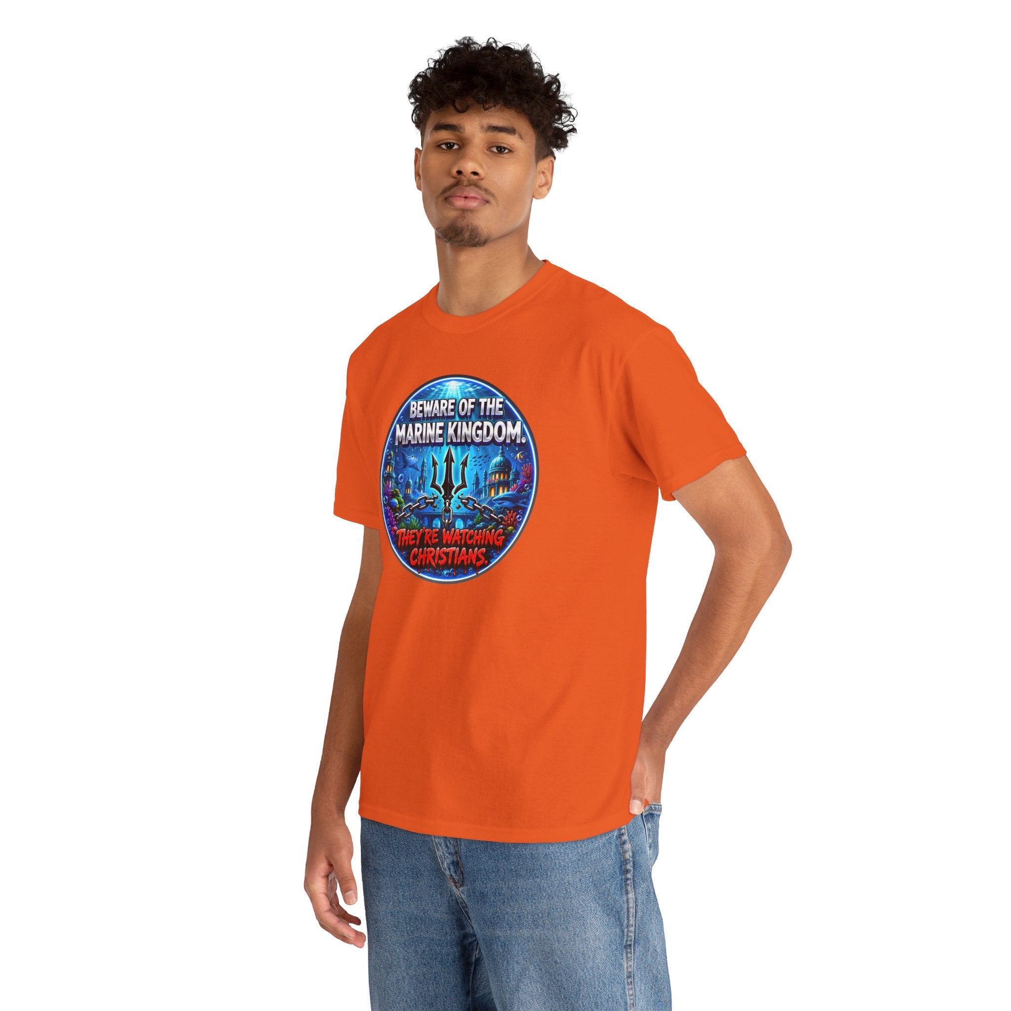 T‑Shirt — "Beware of the Marine Kingdom: They're Watching Christians" Vintage Ocean Graphic