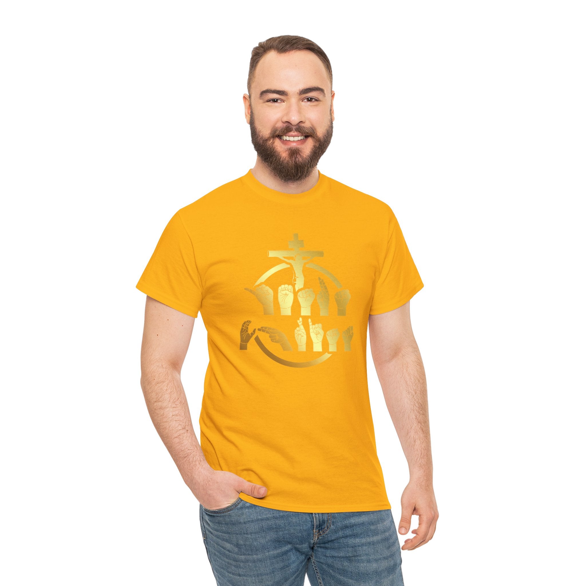 Christian Cross & Praying Hands T-Shirt — Gold Faith Design