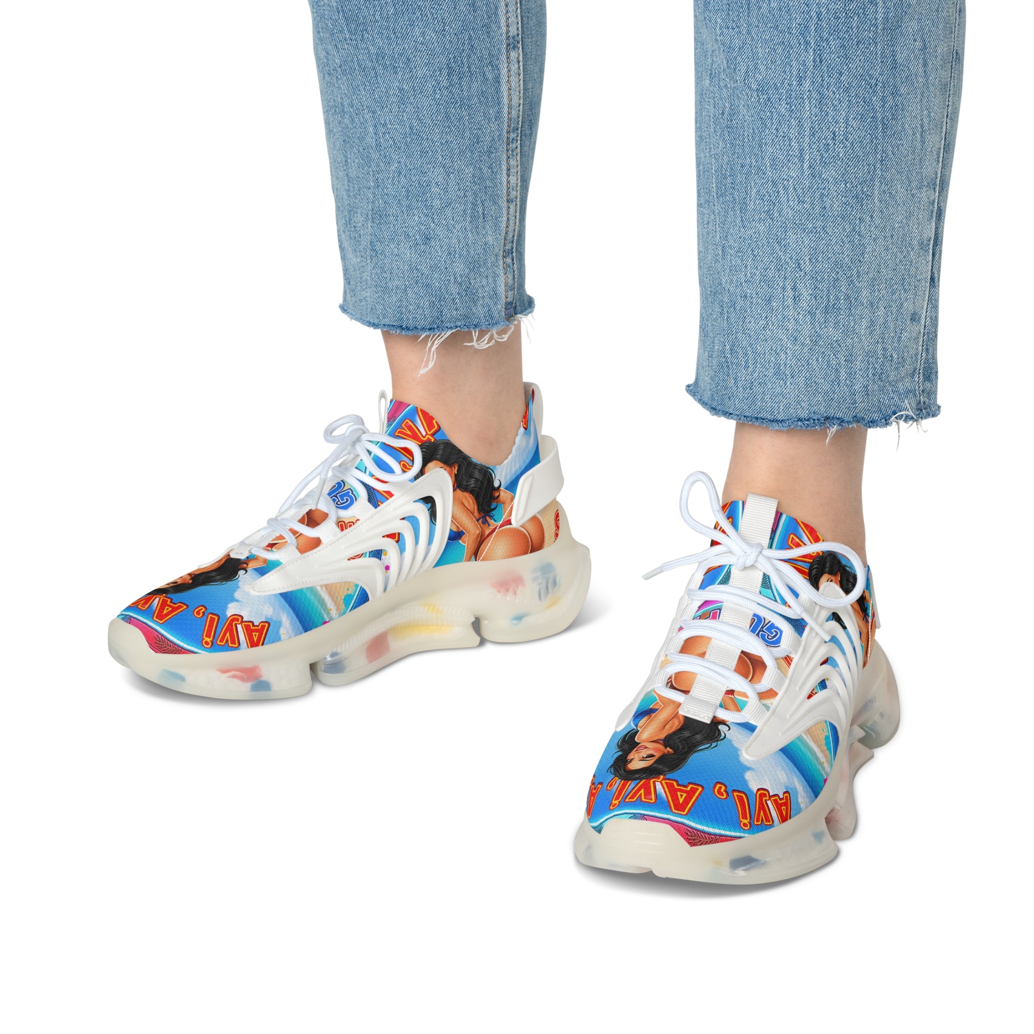Women's Mesh Sneakers —"Ayi Ayi Ayi Que Guapa Soy "Tropical Pinup Beach Graphic Trainers