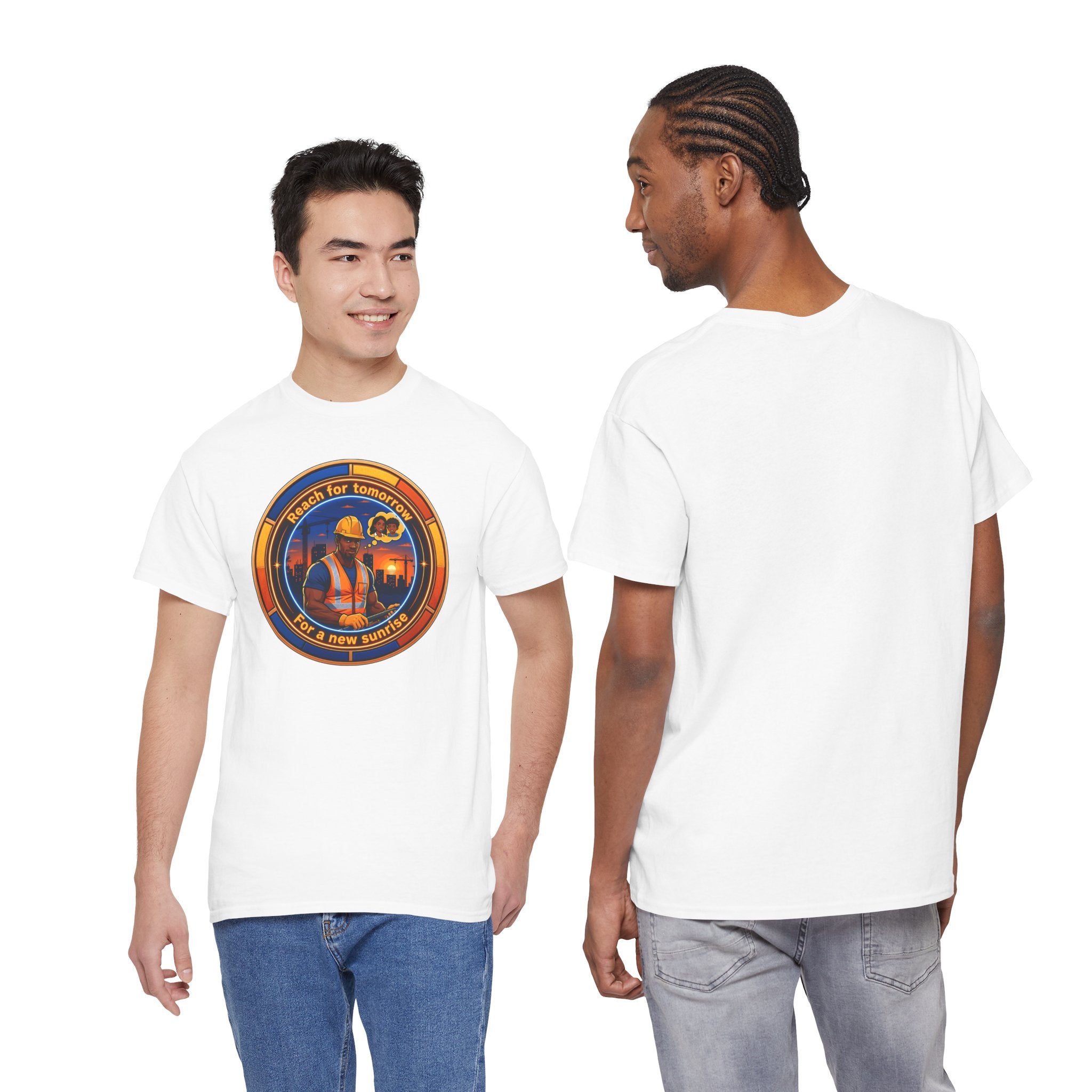Construction Worker Sunset Tee — “Reach for Tomorrow ” Safety Crew T-Shirt