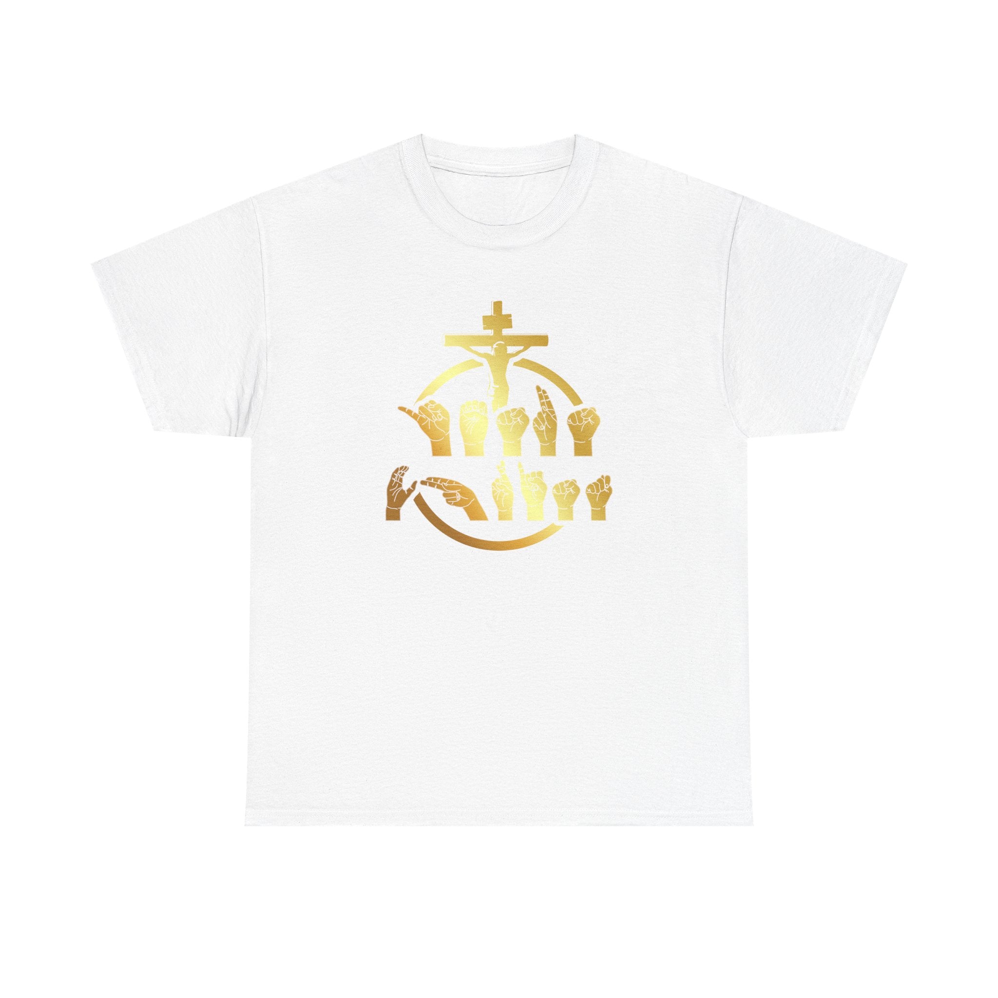 Christian Cross & Praying Hands T-Shirt — Gold Faith Design