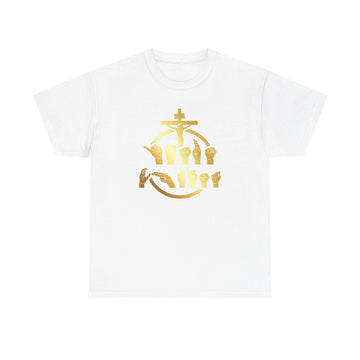 Christian Cross & Praying Hands T-Shirt — Gold Faith Design