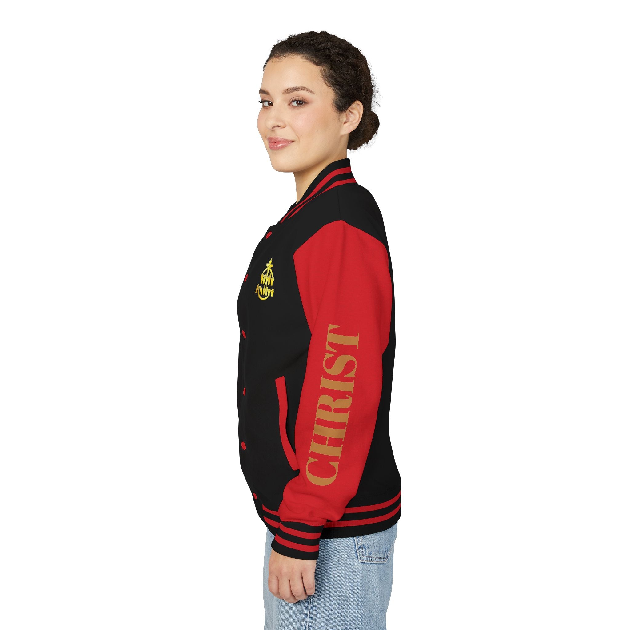 "Sign language Jesus Christ "     Christian Crown Letterman Jacket - 'Jesus Christ' Sleeve Varsity Jacket