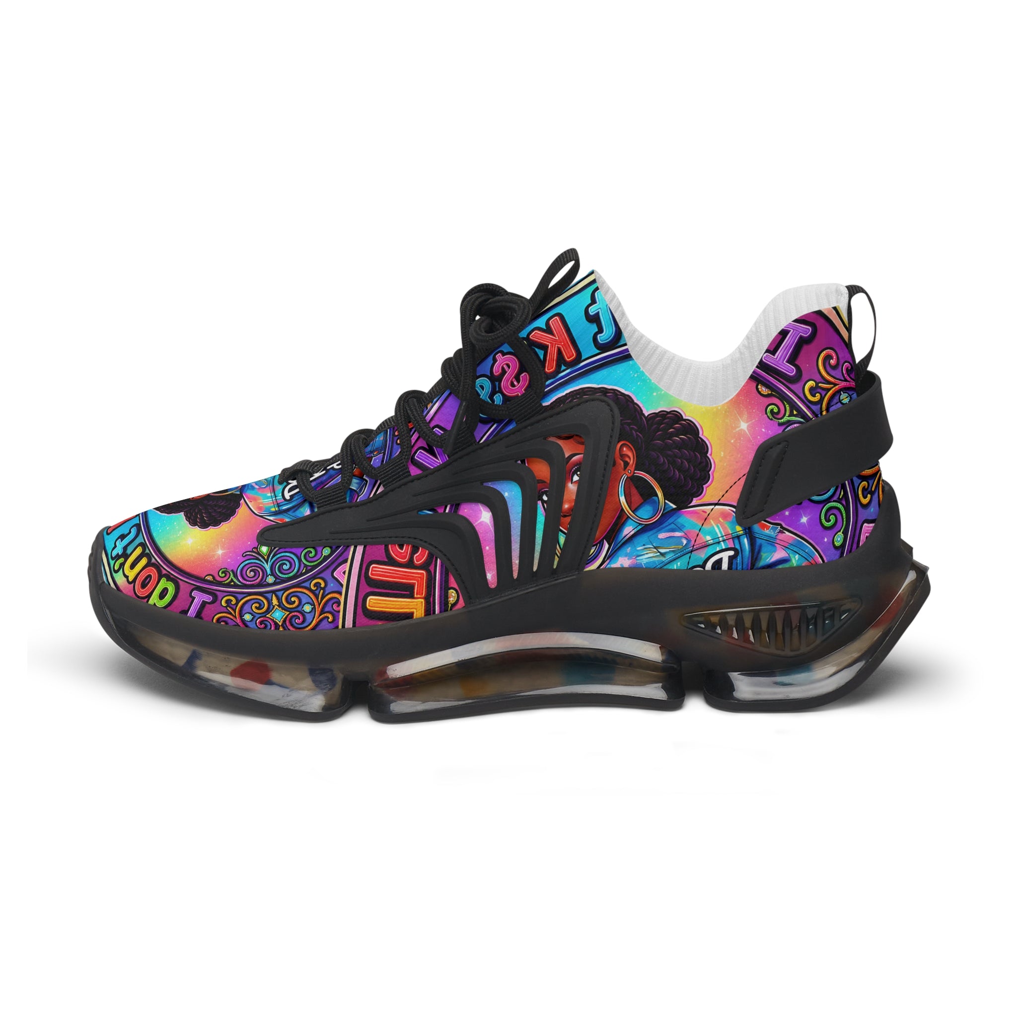 Women's Mesh Sneakers — Colorful Afrocentric Portrait Running Shoes with 'Don't Kiss' Graphic
