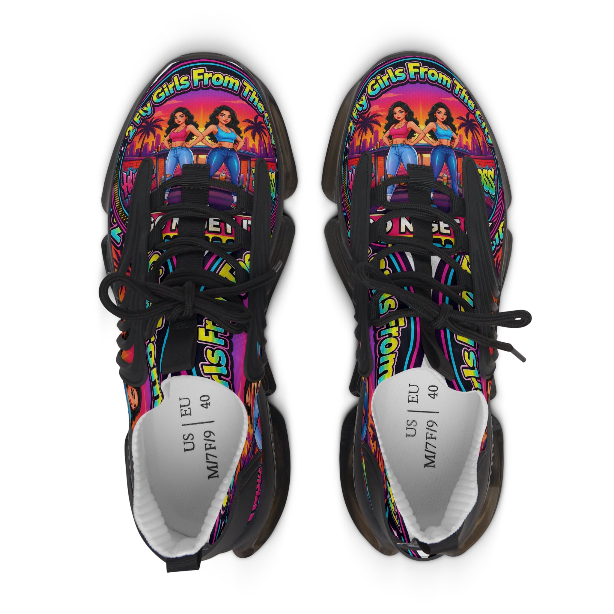 Women’s Mesh Sneakers — Colorful Retro '2Fly Girls From The City' Graphic Athletic Shoes