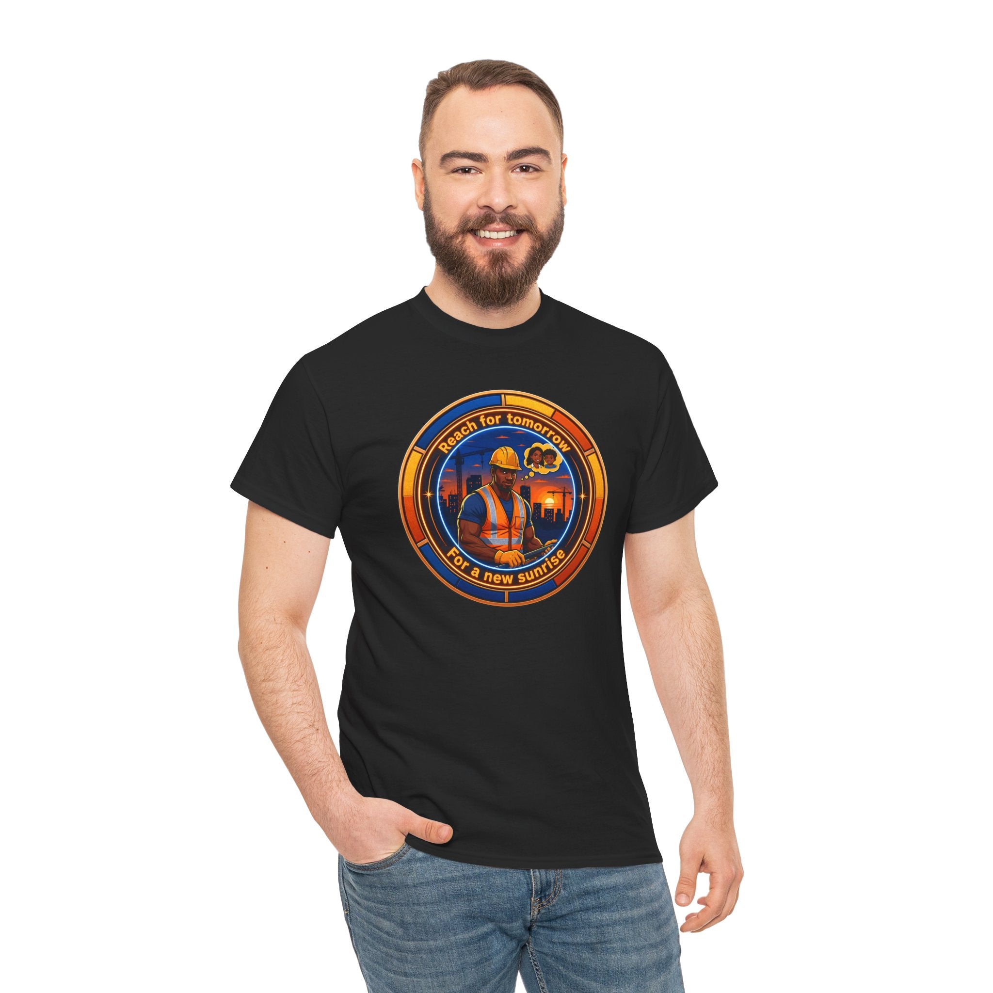Construction Worker Sunset Tee — “Reach for Tomorrow ” Safety Crew T-Shirt