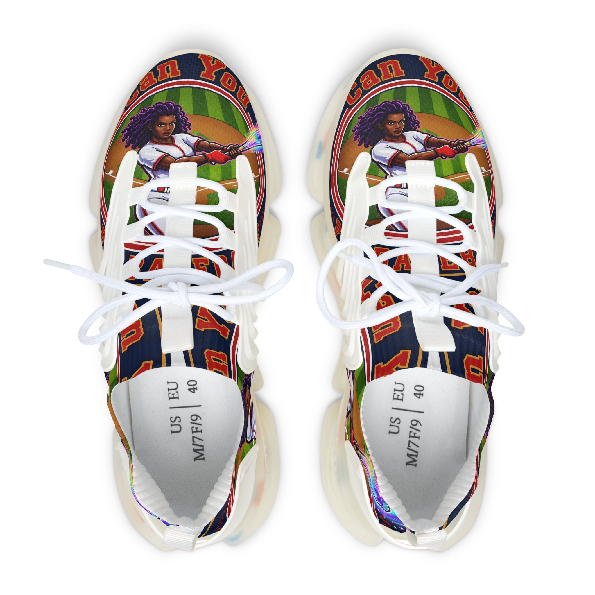 Women's Mesh Sneakers — " Can You Play Baseball "Vibrant Afrocentric Athletic Shoes with 'I Can You' Graphic