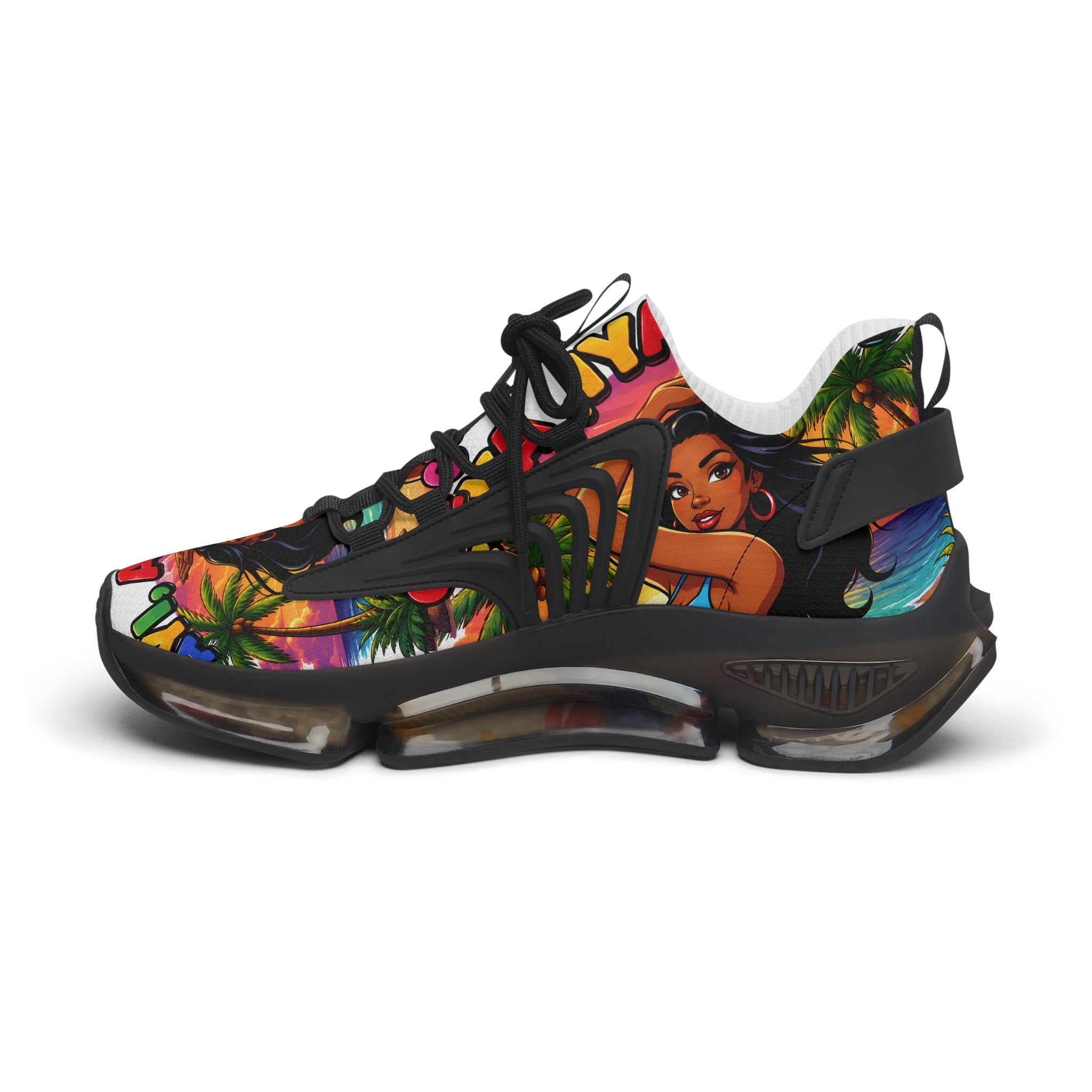 Tropical Vibe Women's Mesh Sneakers — "Ayi  Ayi Ayi Que Guapa Soy "Colorful Hawaiian Pin-Up Design
