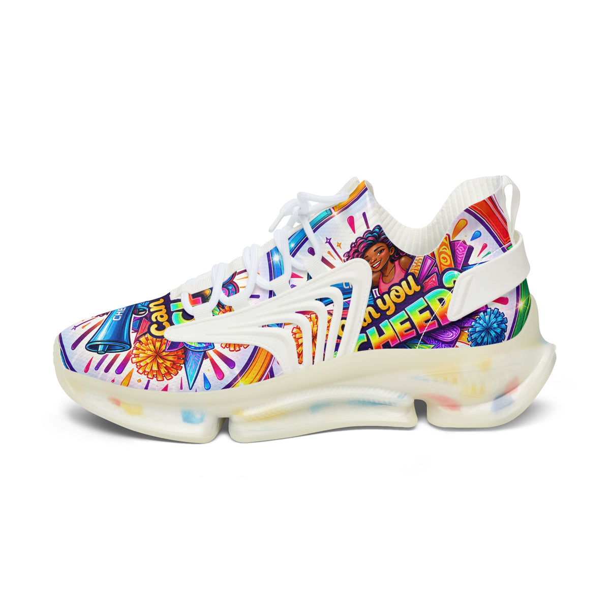 Women's Cheerleader Graphic Mesh Sneakers — "Can You Cheer?" Colorful Athletic Shoes