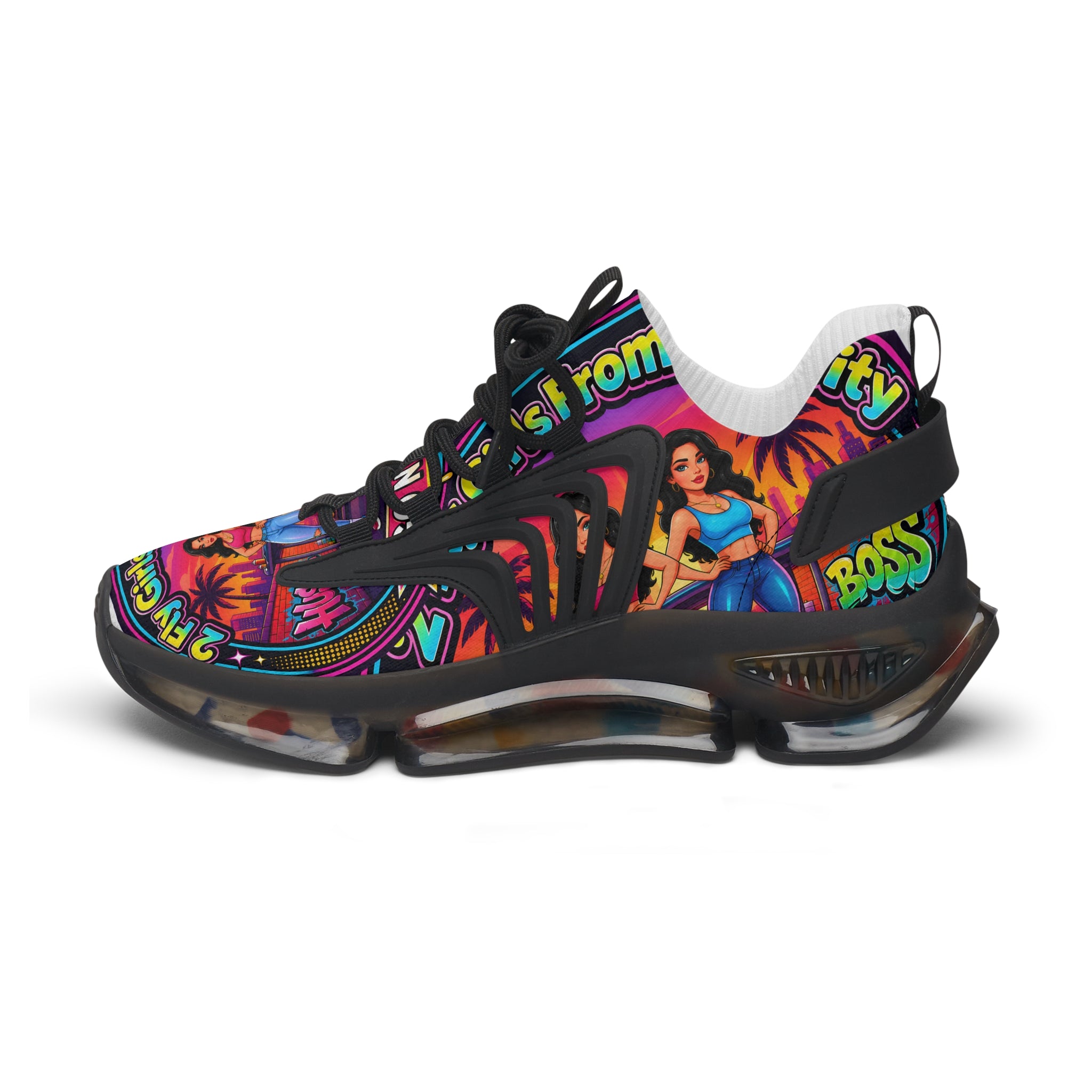 Women’s Mesh Sneakers — Colorful Retro '2Fly Girls From The City' Graphic Athletic Shoes