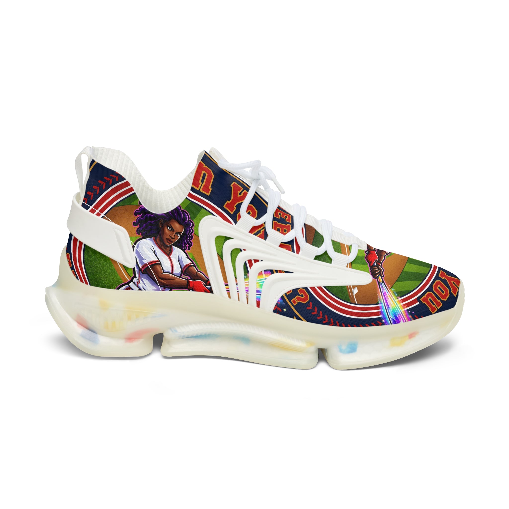 Women's Mesh Sneakers — " Can You Play Baseball "Vibrant Afrocentric Athletic Shoes with 'I Can You' Graphic