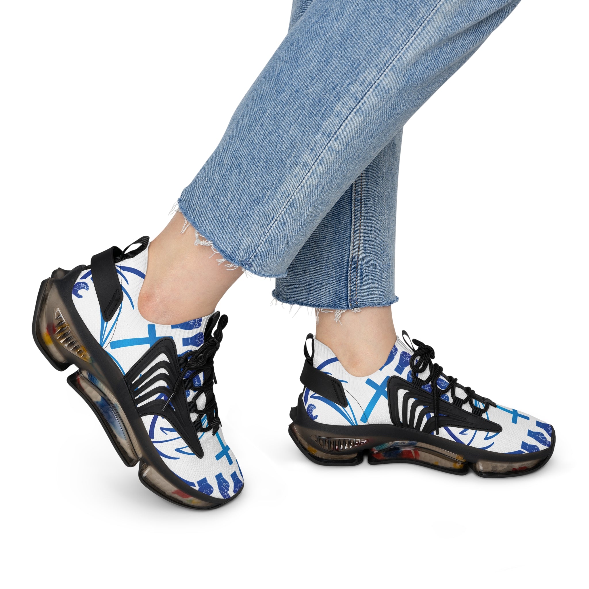 Women's White Mesh Sneakers — "Sign Language Jesus Christ "Lightweight Breathable Athletic Shoes with Color-Speckled Sole