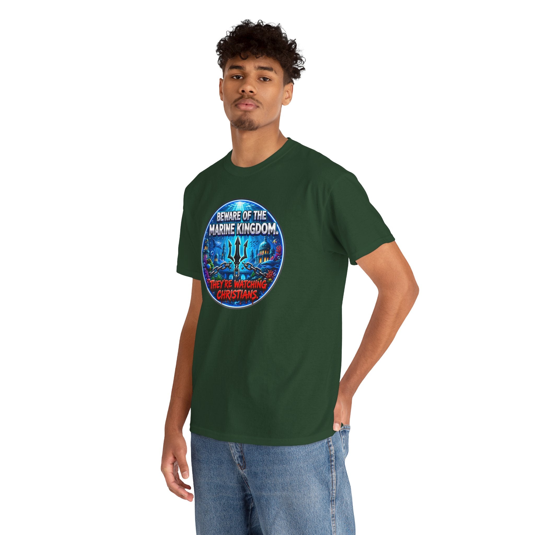 T‑Shirt — "Beware of the Marine Kingdom: They're Watching Christians" Vintage Ocean Graphic