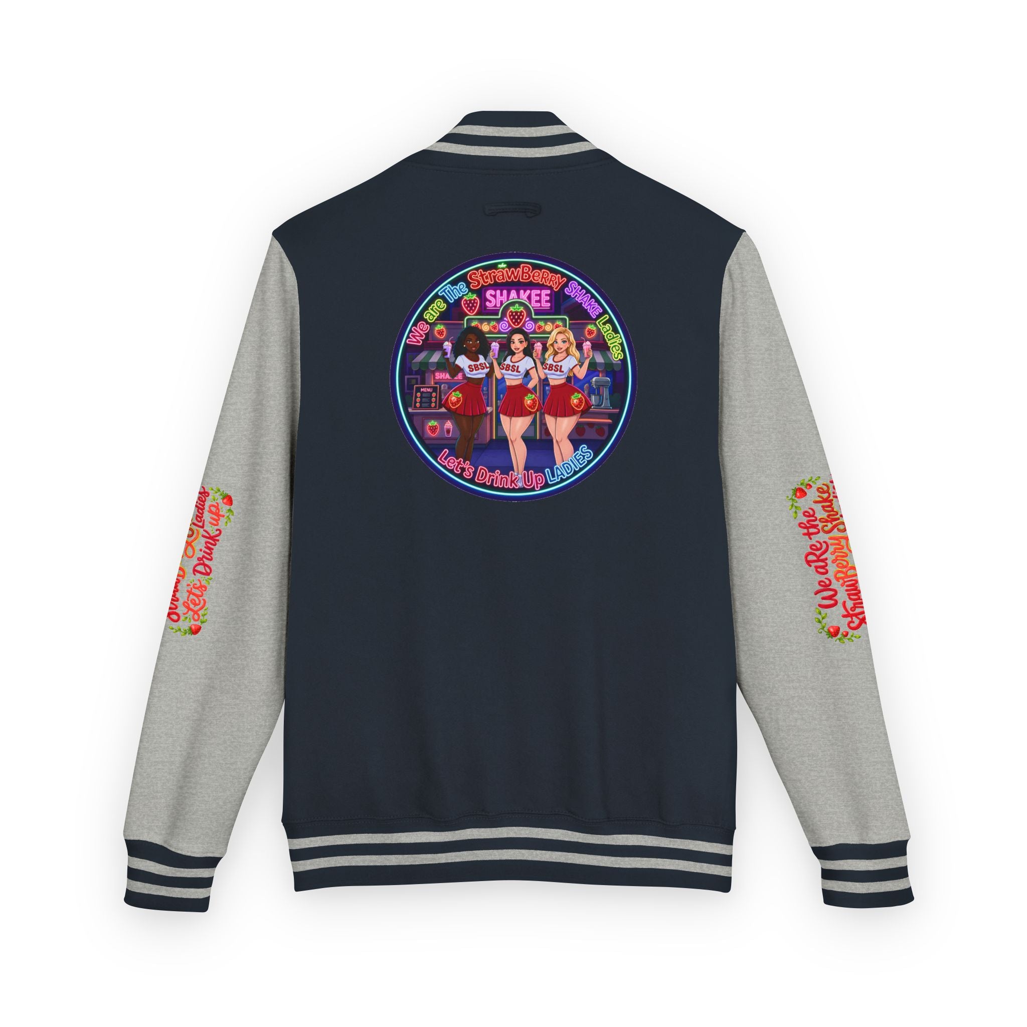 Letterman Jacket —" We Are The Strawberry Shake Ladies " Retro Shakee Cheer Graphic